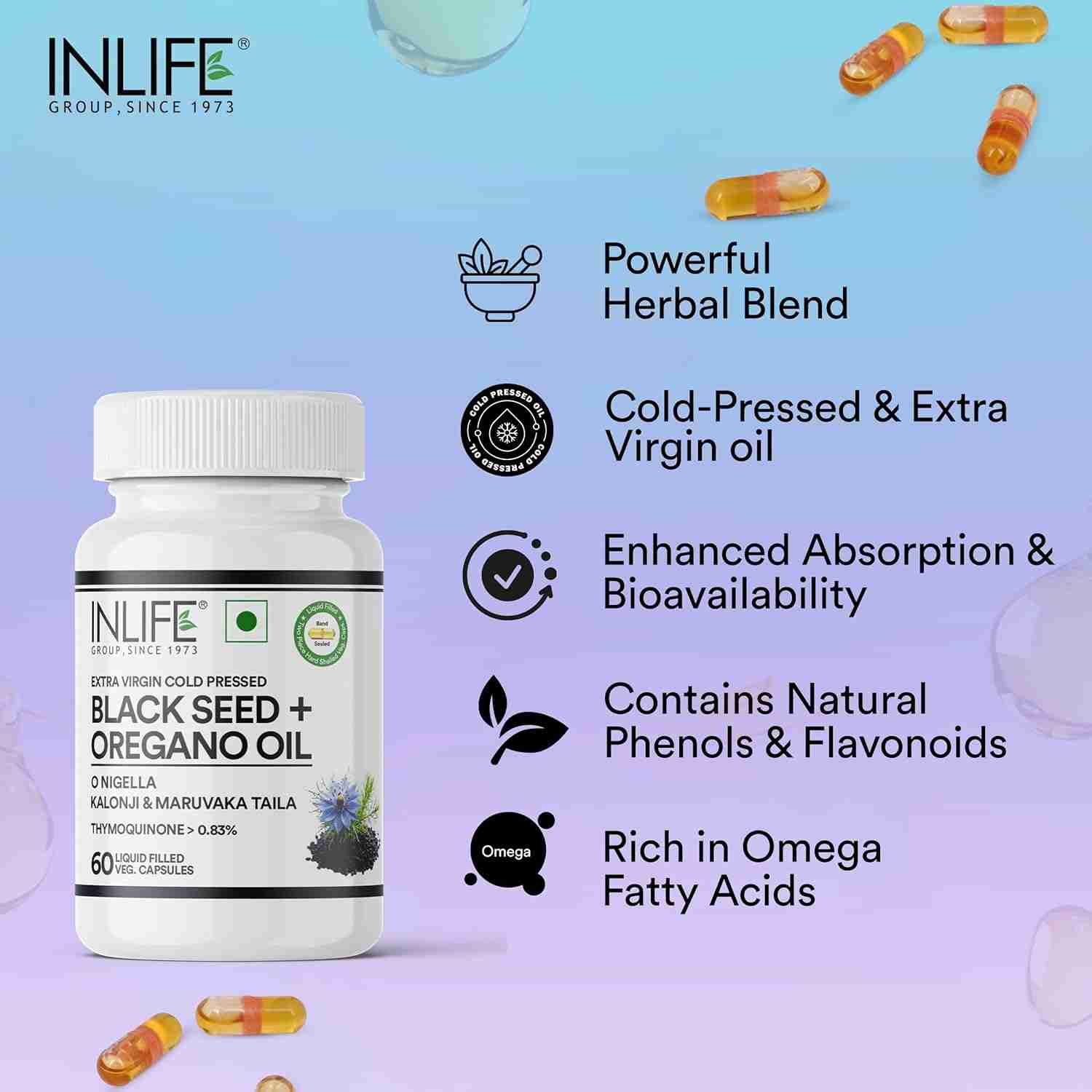 Inlife | Black Seed Oil (480 mg) & Oregano Oil (20 mg, 50:1) | Extra Virgin Cold|Pressed | Antioxidant, Immune & Wellness Support | 60 Liquid Filled Veg Capsules