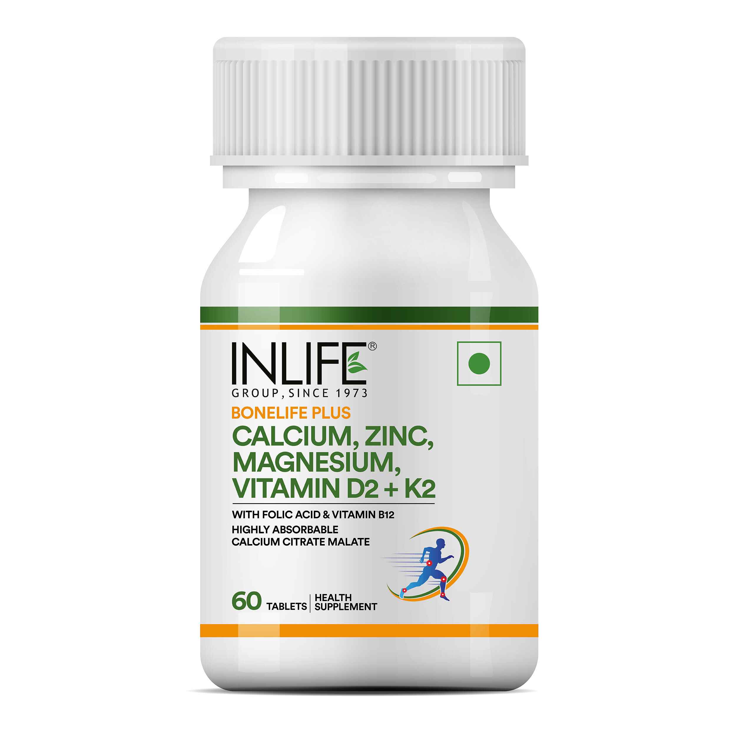 Inlife | Calcium Magnesium Zinc | Vitamin D2 B12 Folic Acid K2 MK7 | Bone Muscle & Joint Health Support | Men Women | 60 Tab