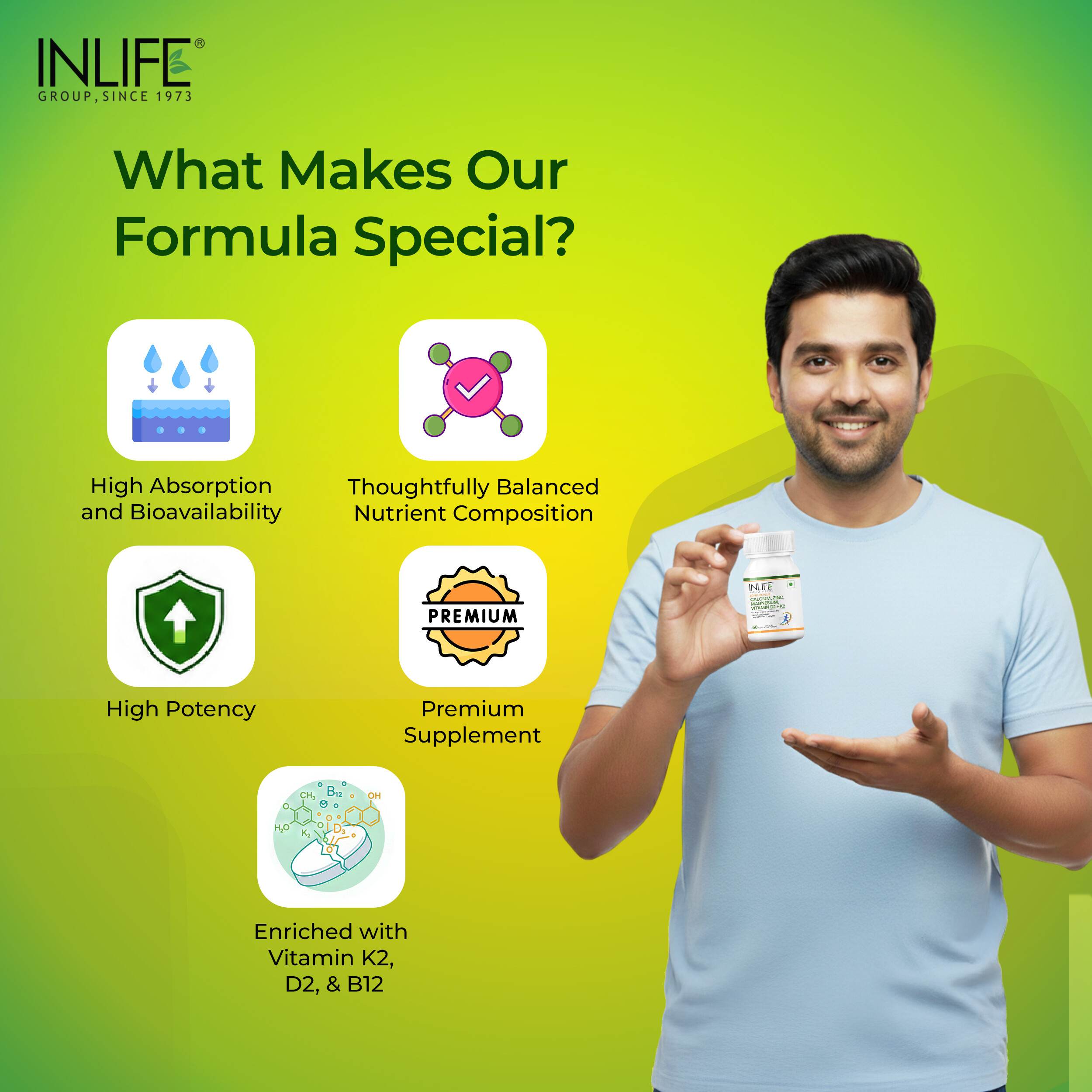 Inlife | Calcium Magnesium Zinc | Vitamin D2 B12 Folic Acid K2 MK7 | Bone Muscle & Joint Health Support | Men Women | 60 Tab