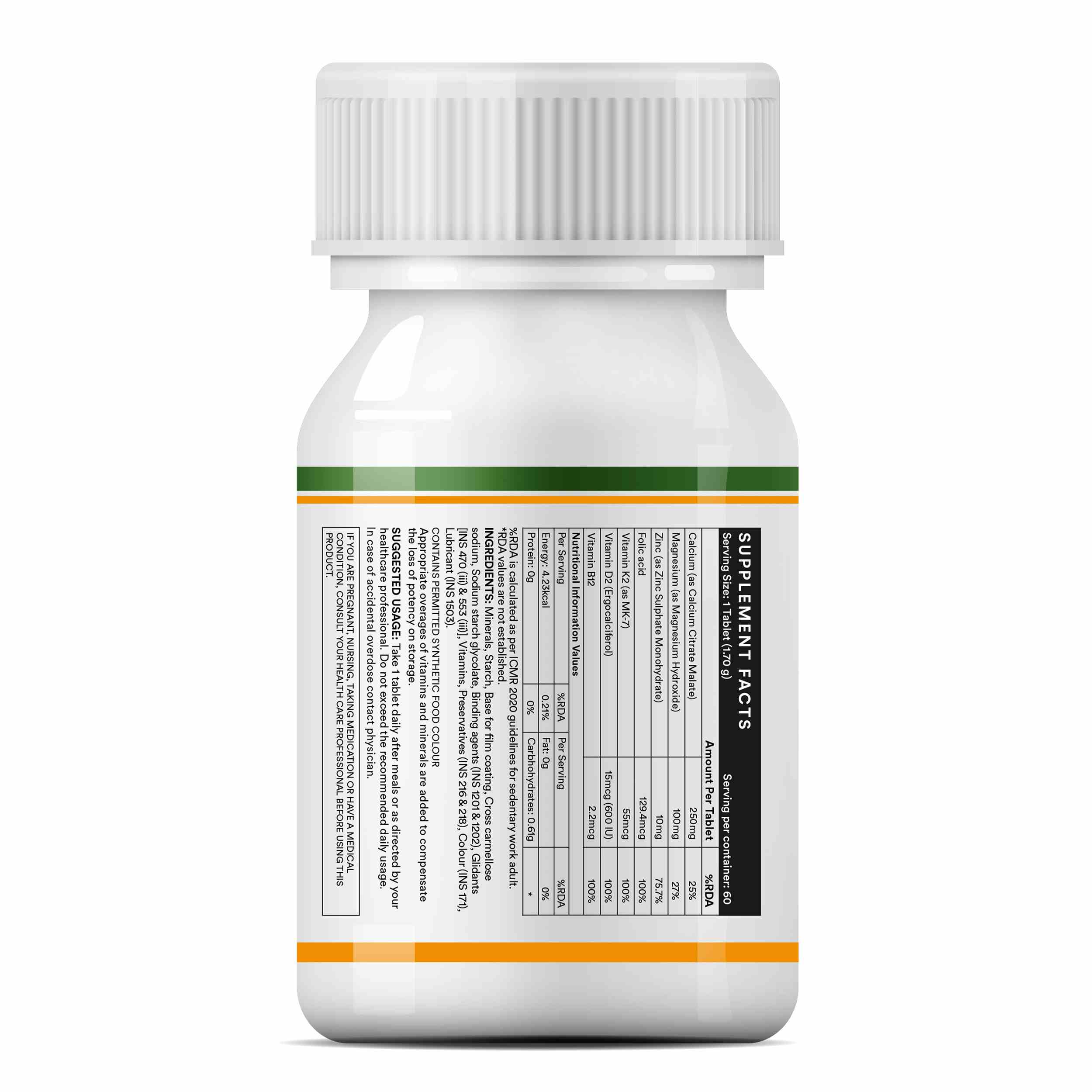 Inlife | Calcium Magnesium Zinc | Vitamin D2 B12 Folic Acid K2 MK7 | Bone Muscle & Joint Health Support | Men Women | 60 Tab