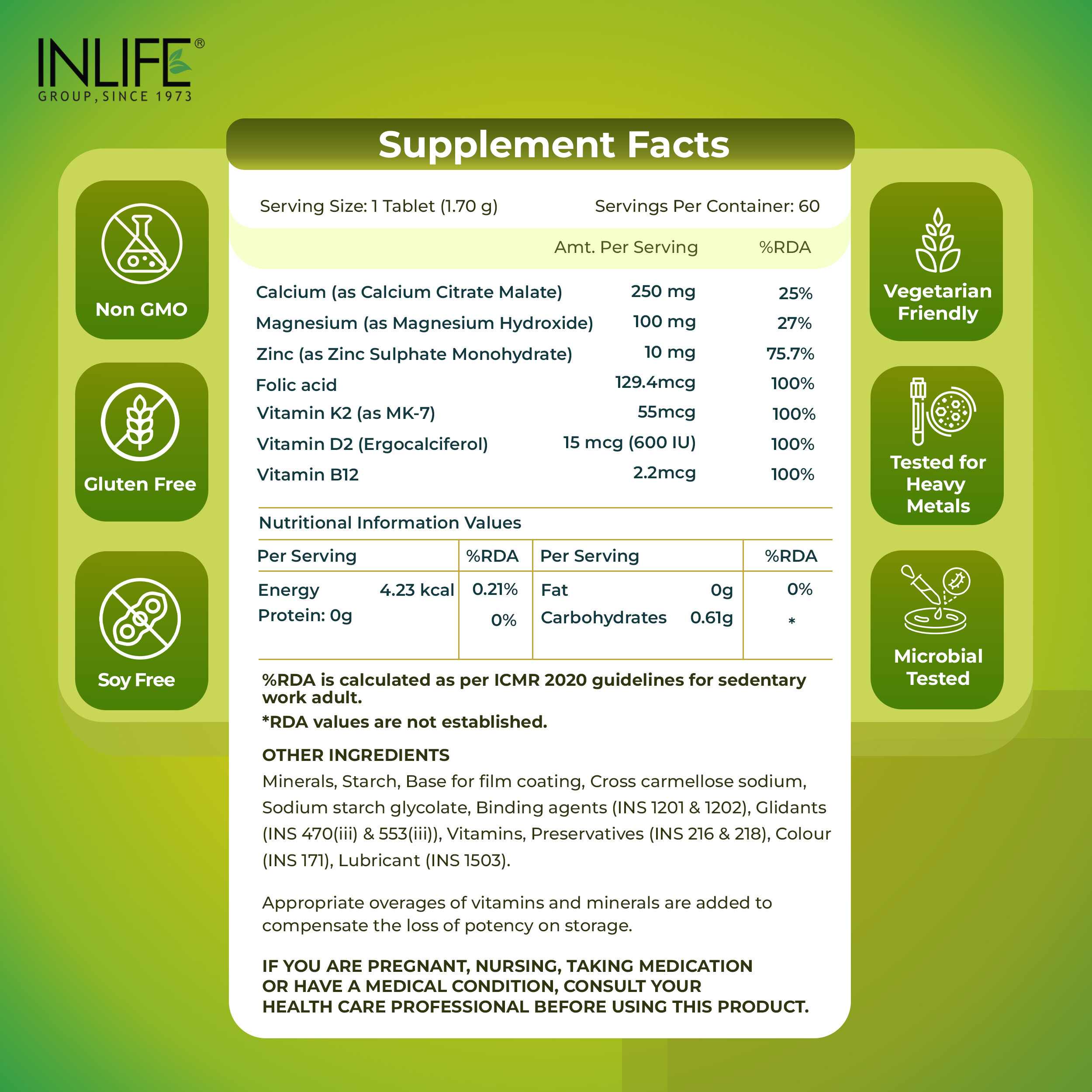 Inlife | Calcium Magnesium Zinc | Vitamin D2 B12 Folic Acid K2 MK7 | Bone Muscle & Joint Health Support | Men Women | 60 Tab