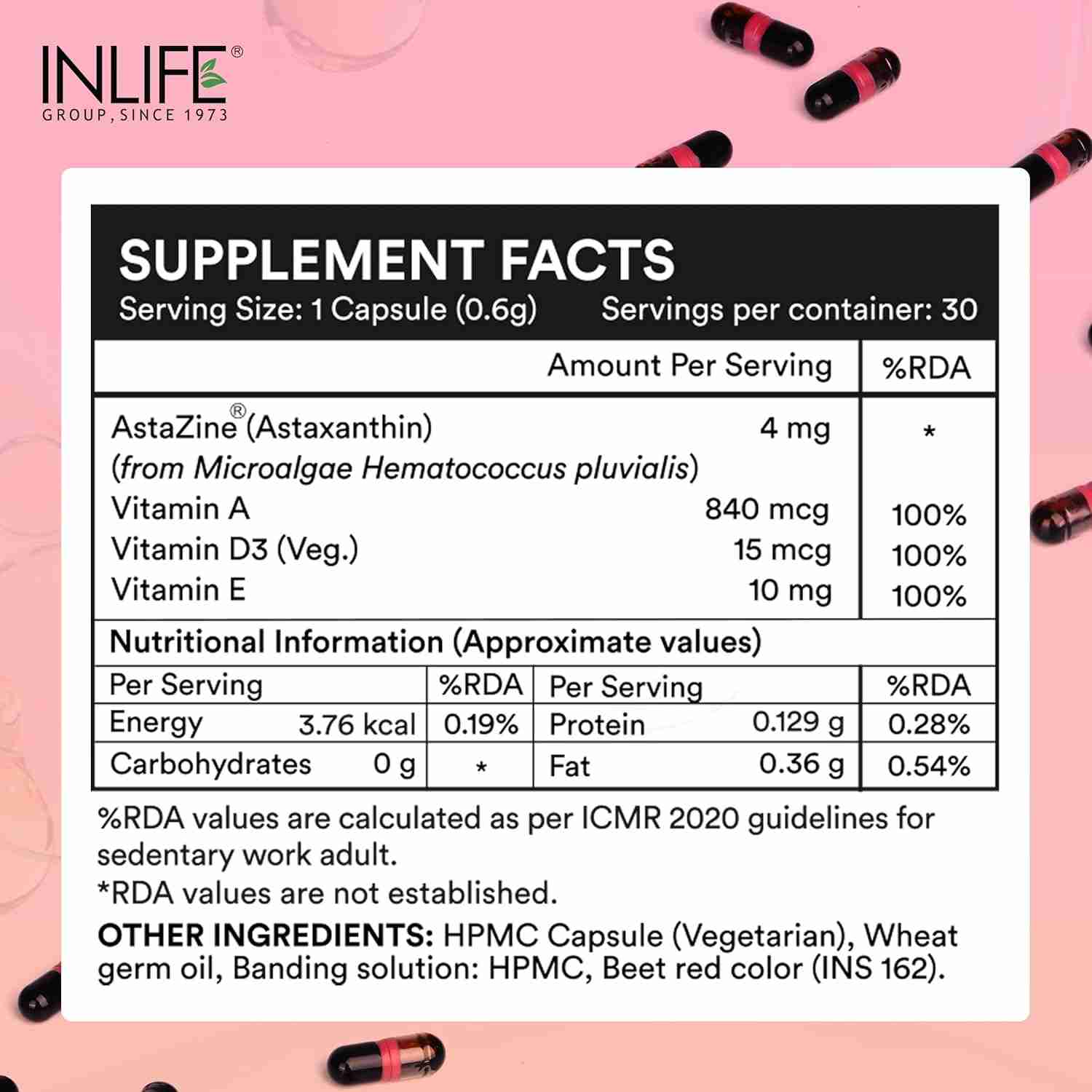 Inlife | Astaxanthin 4 mg Supplement AstaZine | Natural Antioxidant Supplement with Vitamin A, D3 & E – High Absorption Formula – 30 Liquid Filled Veg Cap