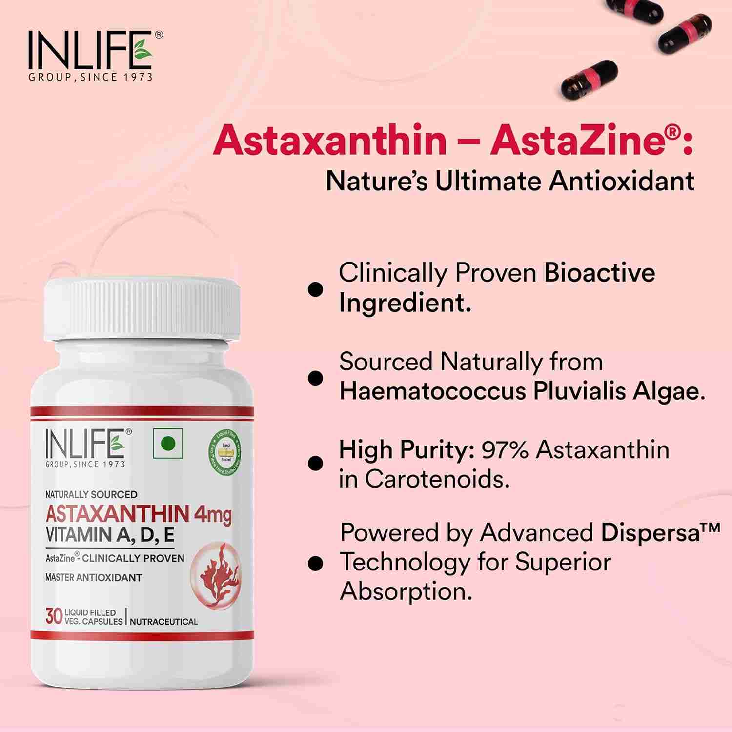 Inlife | Astaxanthin 4 mg Supplement AstaZine | Natural Antioxidant Supplement with Vitamin A, D3 & E – High Absorption Formula – 30 Liquid Filled Veg Cap