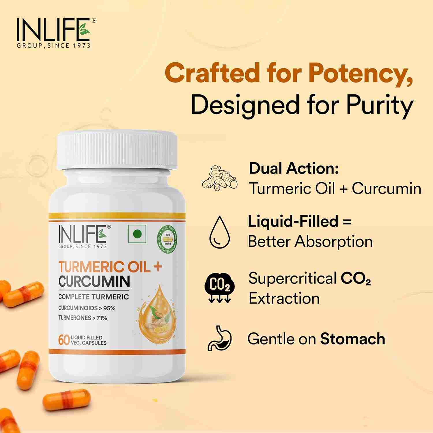 Inlife | Curcumin Capsules with Turmeric Oil | 71% Turmerones & 95% Curcuminoids | Supercritical CO₂ Extracted Oil Supplement | Immune Support & Joint Health – 60 Liquid Filled Veg Cap