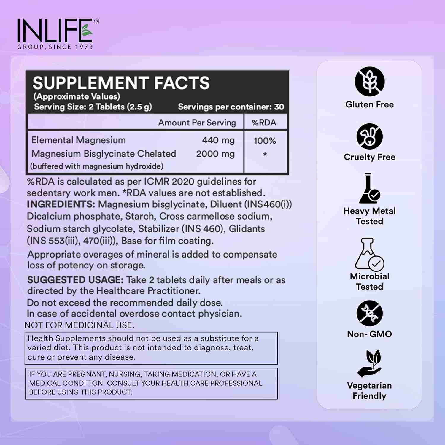 Inlife | Chelated Magnesium Glycinate Supplement 2000mg Per Serving, High Absorption for Relaxation & Healthy Muscle Function | 60 Tablets
