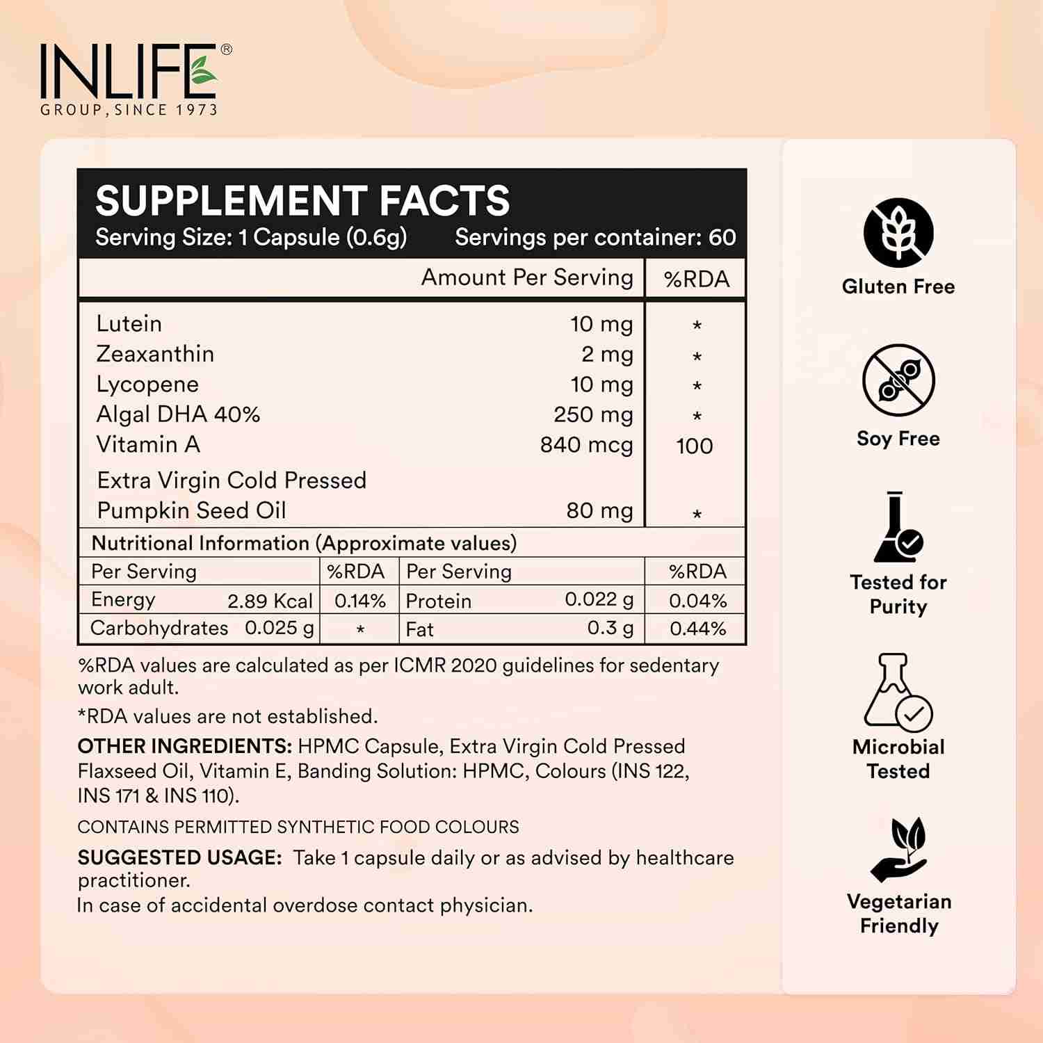 Inlife | Lutein (10mg) and Zeaxanthin (2mg) Supplements with Vitamin A, Lycopene, Algal DHA & Pumpkin Seed Oil | Supports Eye Health & Sleep, Cognitive Function | 60 Veg Capsules