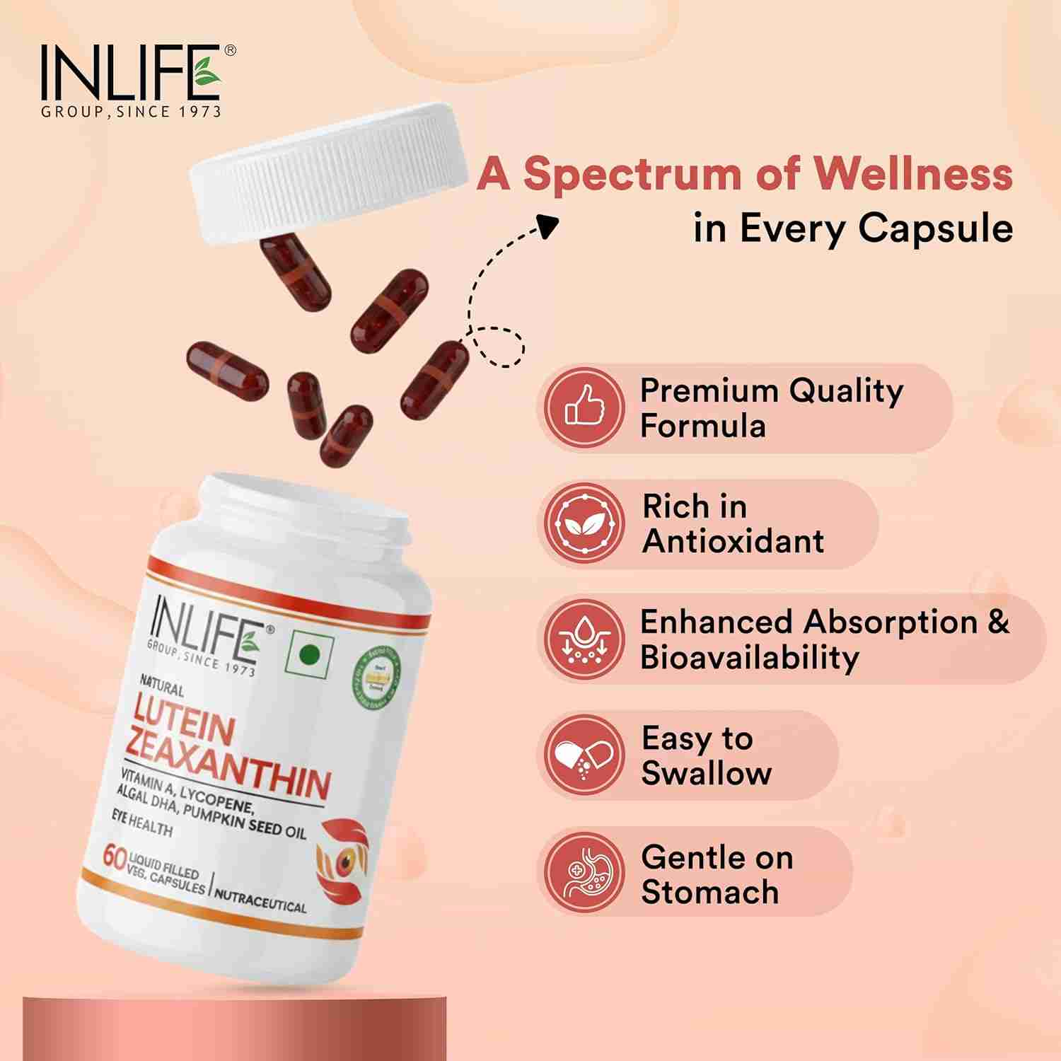 Inlife | Lutein (10mg) and Zeaxanthin (2mg) Supplements with Vitamin A, Lycopene, Algal DHA & Pumpkin Seed Oil | Supports Eye Health & Sleep, Cognitive Function | 60 Veg Capsules