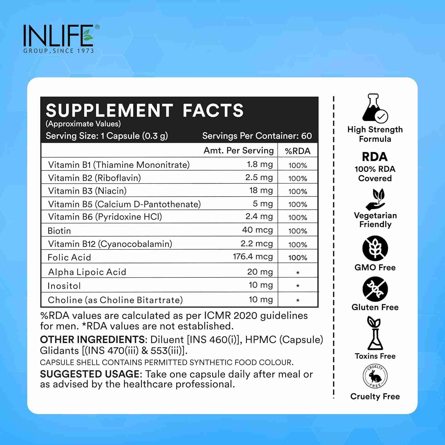 Inlife | B Complex Supplements B1, B2, B3, B5, B6, Biotin, with Vitamin B12, Folic Acid, Alpha Lipoic Acid, Inositol & Choline | For Energy & Metabolism | For Men Women | 60 Veg Cap