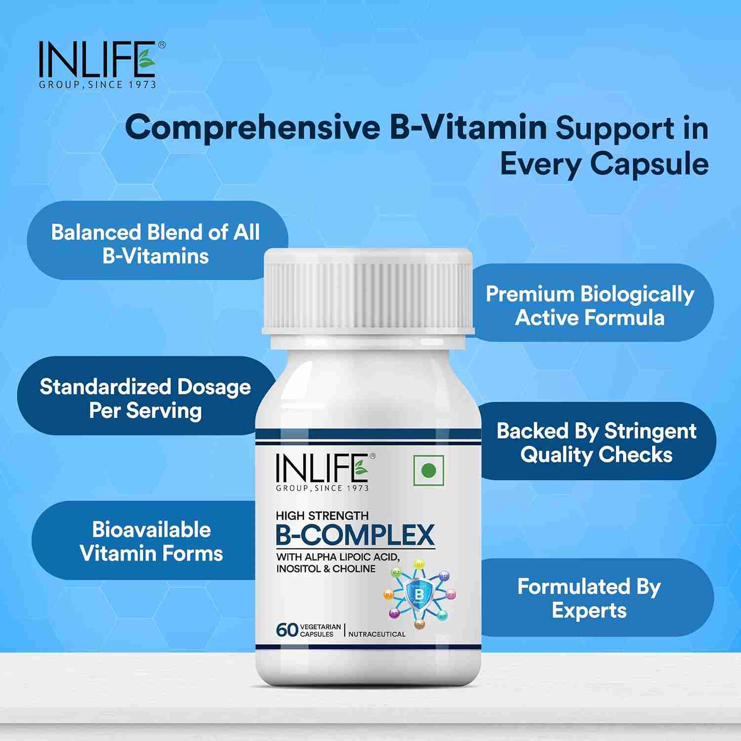 Inlife | B Complex Supplements B1, B2, B3, B5, B6, Biotin, with Vitamin B12, Folic Acid, Alpha Lipoic Acid, Inositol & Choline | For Energy & Metabolism | For Men Women | 60 Veg Cap