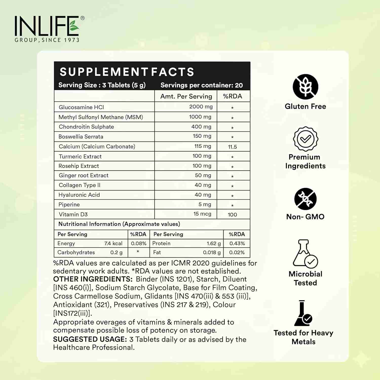 Inlife | Glucosamine Tablets for Joints with Chondroitin MSM Collagen Type II, Hyaluronic Acid, Vitamin D3 | Enriched with Boswellia, Rosehip, Curcumin | Knee Bone Cartilage Supplement | 60 Tablets