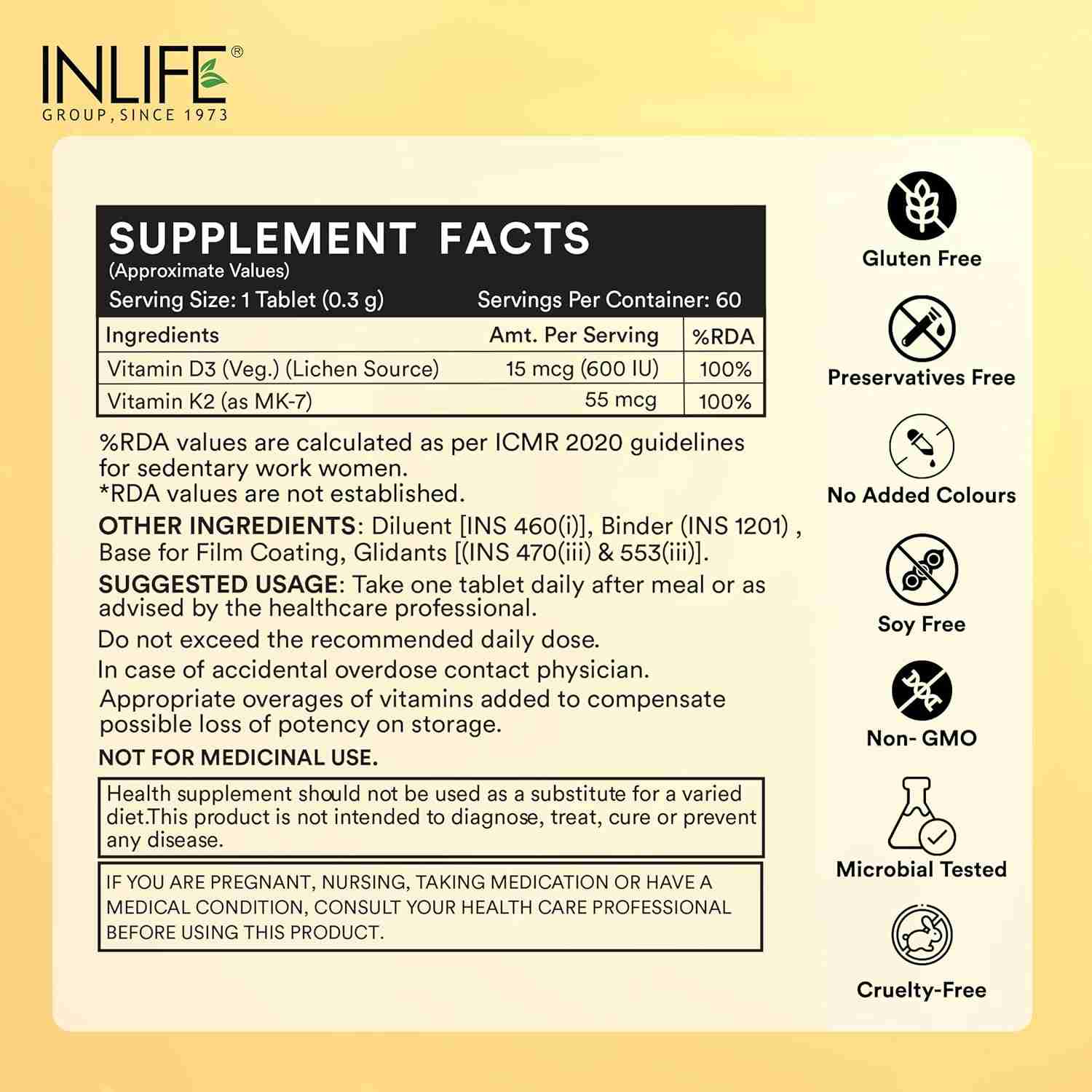Inlife | Vitamin D3 K2 Supplement | Derived from Lichen (Plant Based) & Vitamin K2 (MK7) | Supports Bone, Teeth, Heart, Immunity, Mood, Strength, Recovery | For Men & Women | 60 Vegetarian Tablets