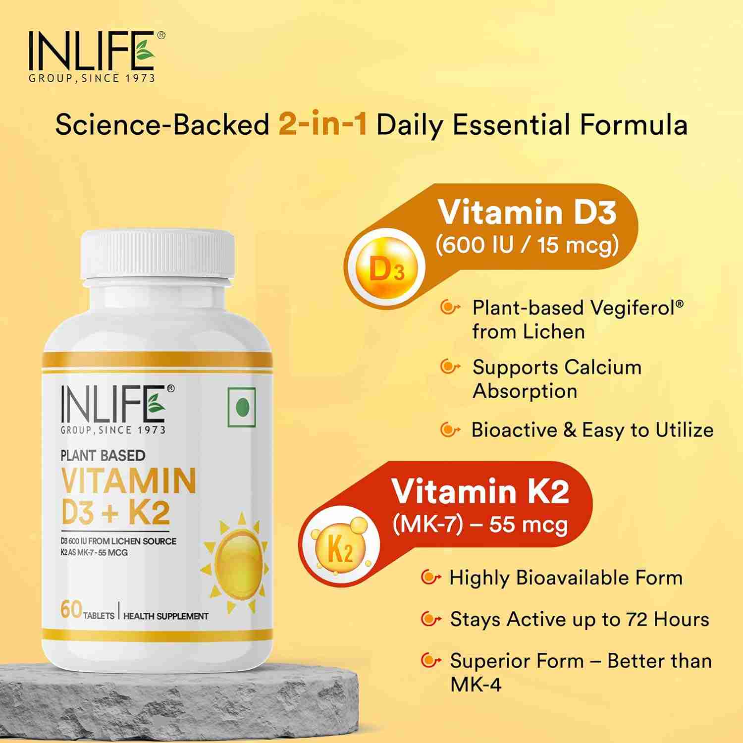 Inlife | Vitamin D3 K2 Supplement | Derived from Lichen (Plant Based) & Vitamin K2 (MK7) | Supports Bone, Teeth, Heart, Immunity, Mood, Strength, Recovery | For Men & Women | 60 Vegetarian Tablets