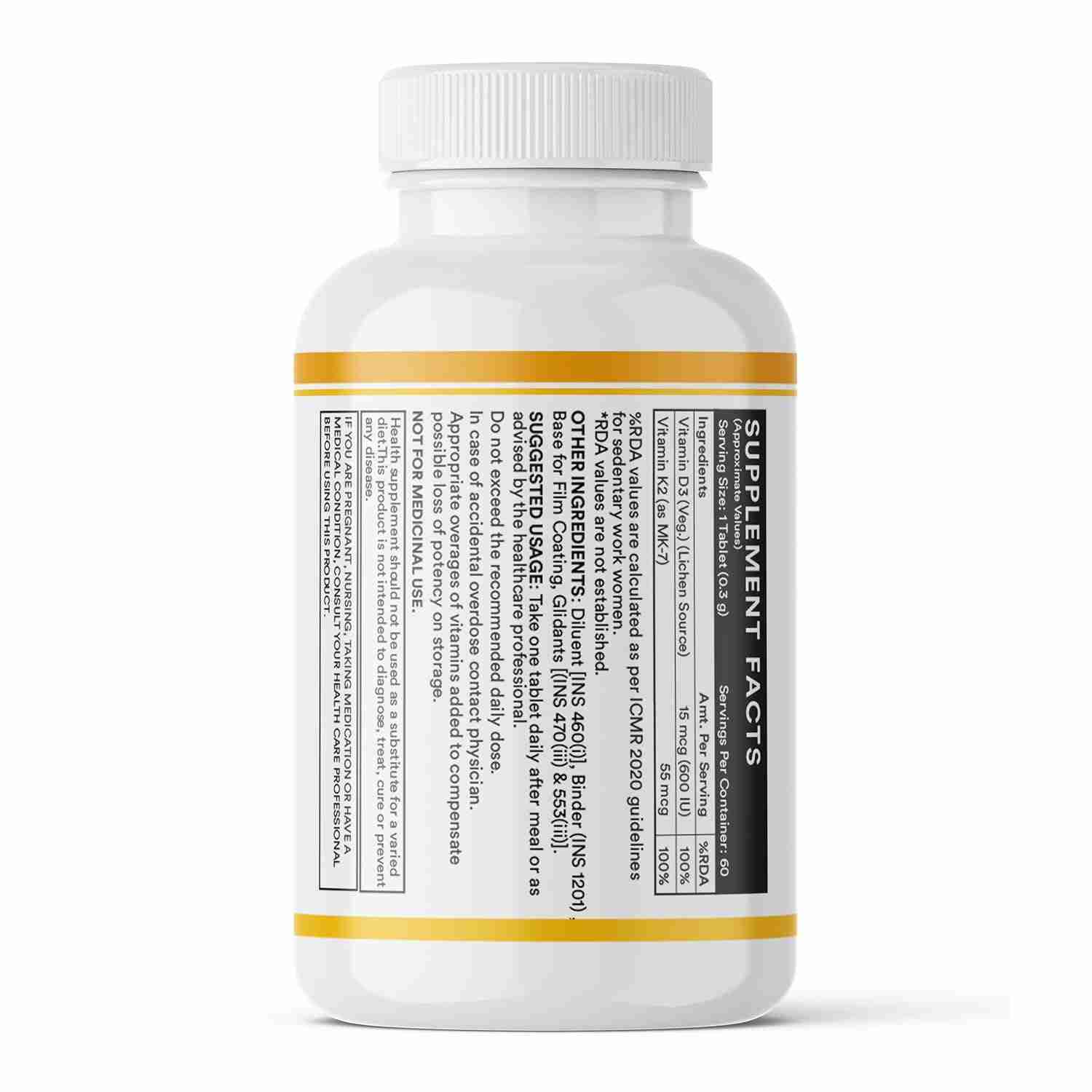 Inlife | Vitamin D3 K2 Supplement | Derived from Lichen (Plant Based) & Vitamin K2 (MK7) | Supports Bone, Teeth, Heart, Immunity, Mood, Strength, Recovery | For Men & Women | 60 Vegetarian Tablets