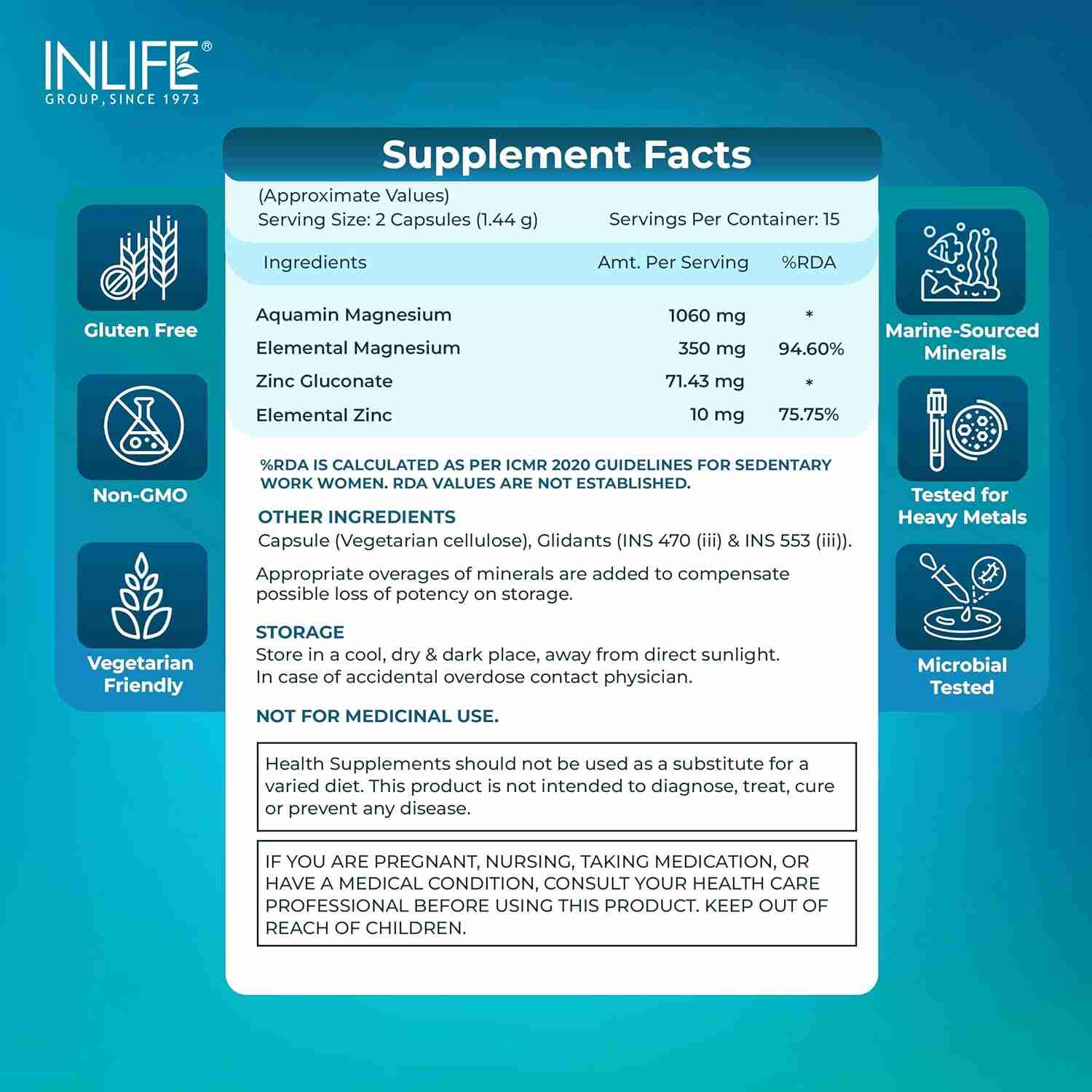 Inlife | Marine Magnesium Supplement 1060mg | Aquamin Mg Naturally Sourced from Red Algae with Zinc Gluconate | Multi|Mineral Complex | Supports Muscle Function, Energy, Metabolism & Daily Wellness | 30 Veg Cap