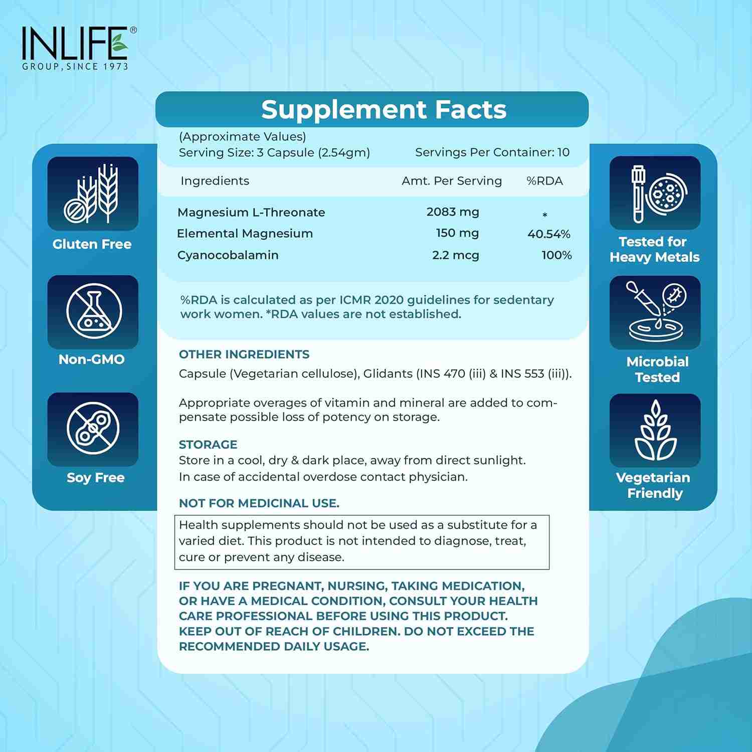 Inlife | Magnesium L Threonate Supplement 2083 mg with Vitamin B12 | Highly Bioavailable | Supports Cognitive Health, Memory & Sleep Support, Energy & Stress Management | 30 Veg Cap