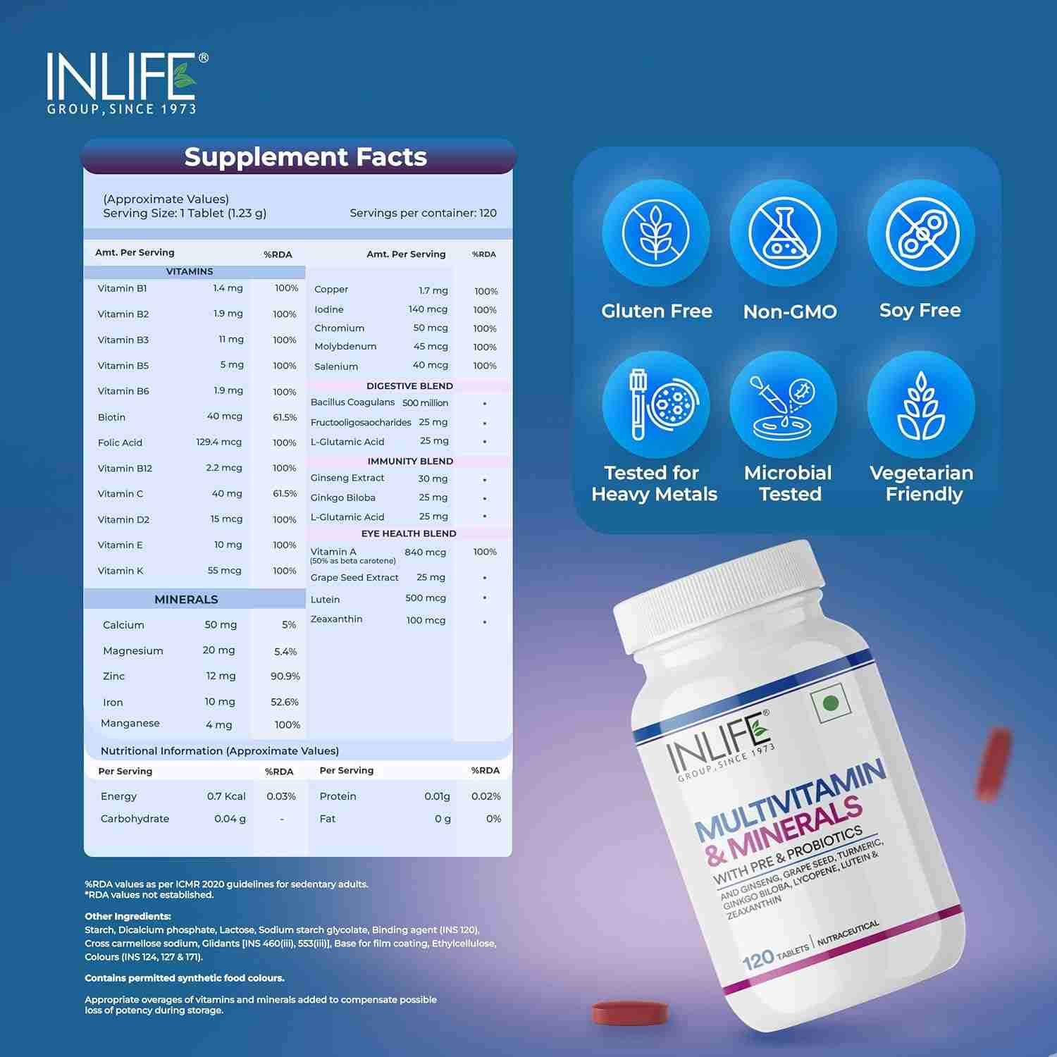 Inlife | Multivitamin Tablets For Men & Women with Ginseng & Prebiotic Probiotic | Multivitamin Supplement with Vitamin B12, C, D, E, Zinc & Biotin Nutrition Tablet | 120 Tablets