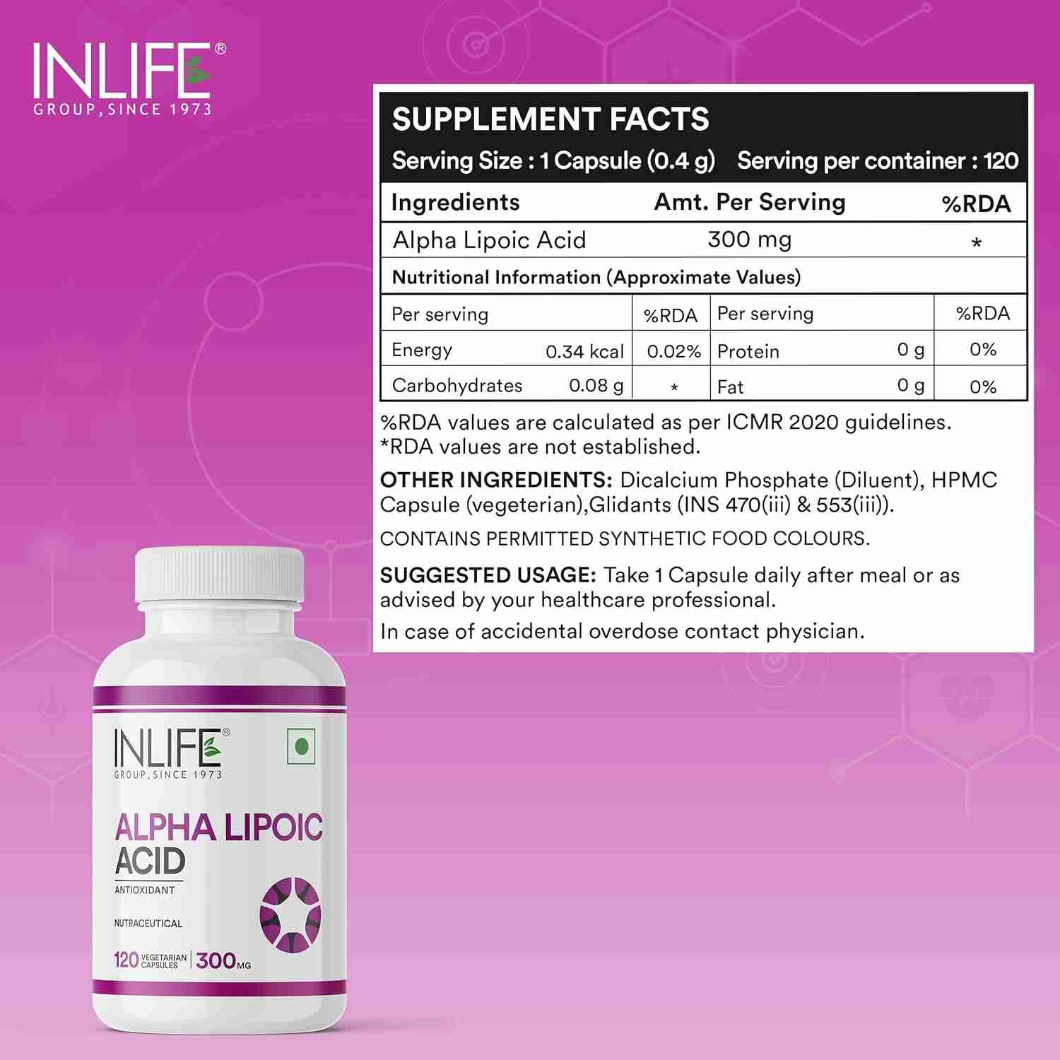 Inlife | Alpha Lipoic Acid 300mg | Universal Antioxidant | ALA Supplement | 120 Veg Cap