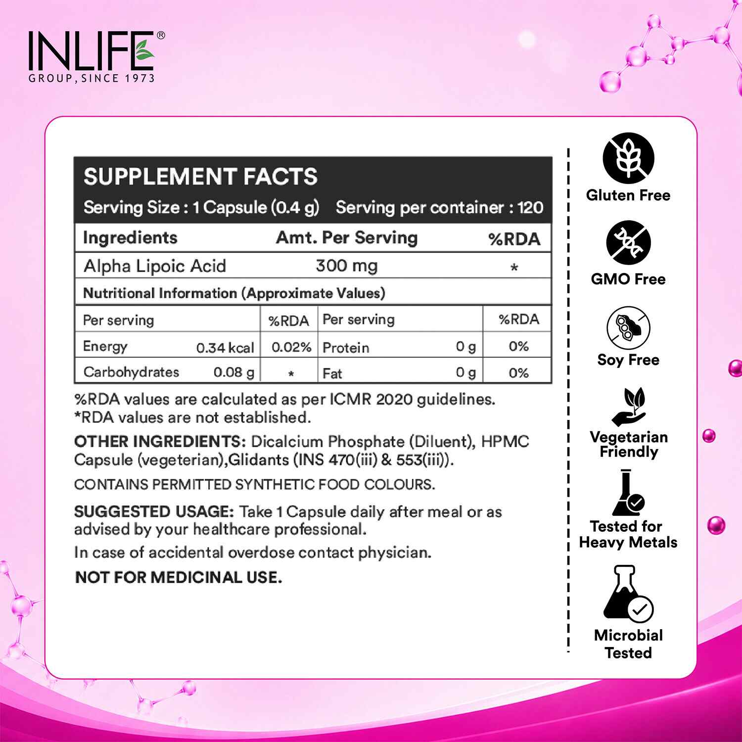 Inlife | Alpha Lipoic Acid ALA 300mg | Universal Antioxidant Supplement | Nerve Health & Energy Support | Men Women | 120 Veg Cap