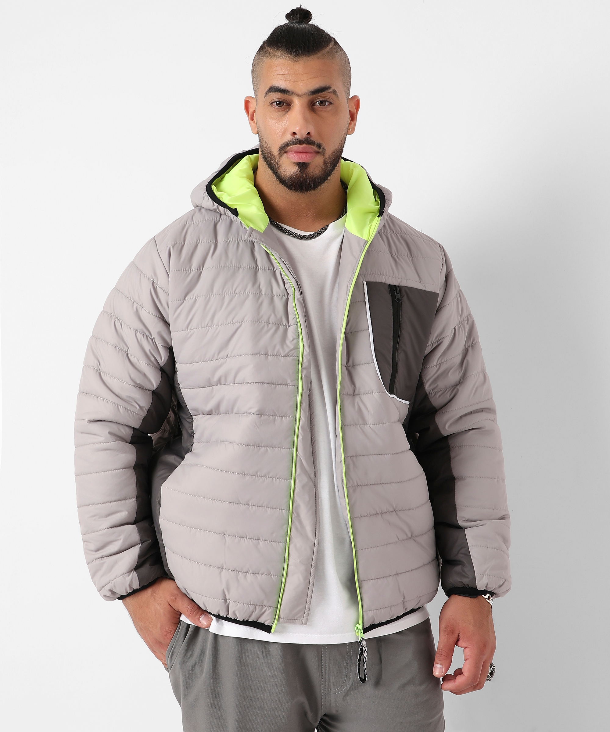 Men's Light Grey Puffer Jacket With Contrast Zipper