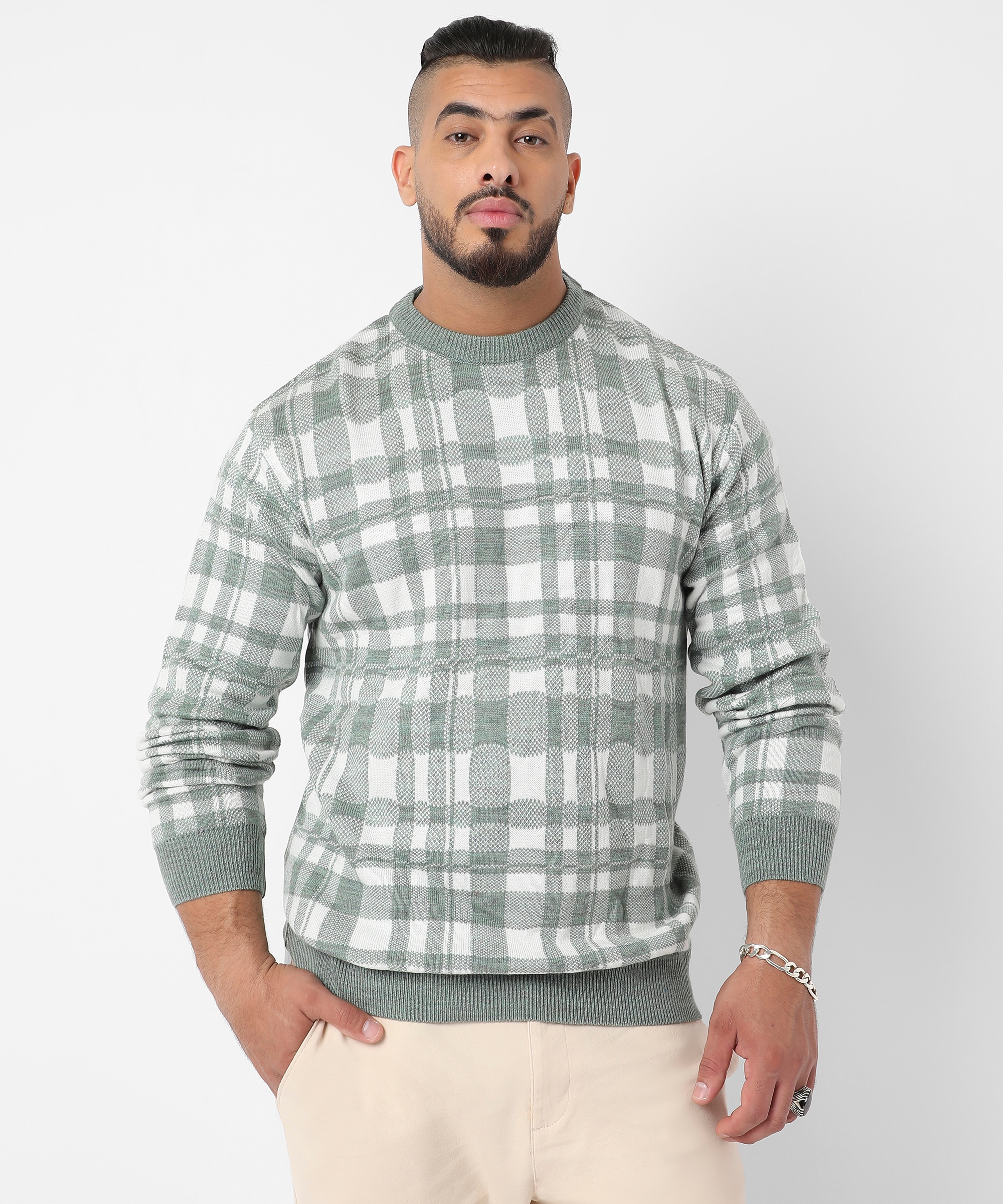 Instafab Plus | Men's Olive Green Tartan Plaid Knitted Pullover Sweater
