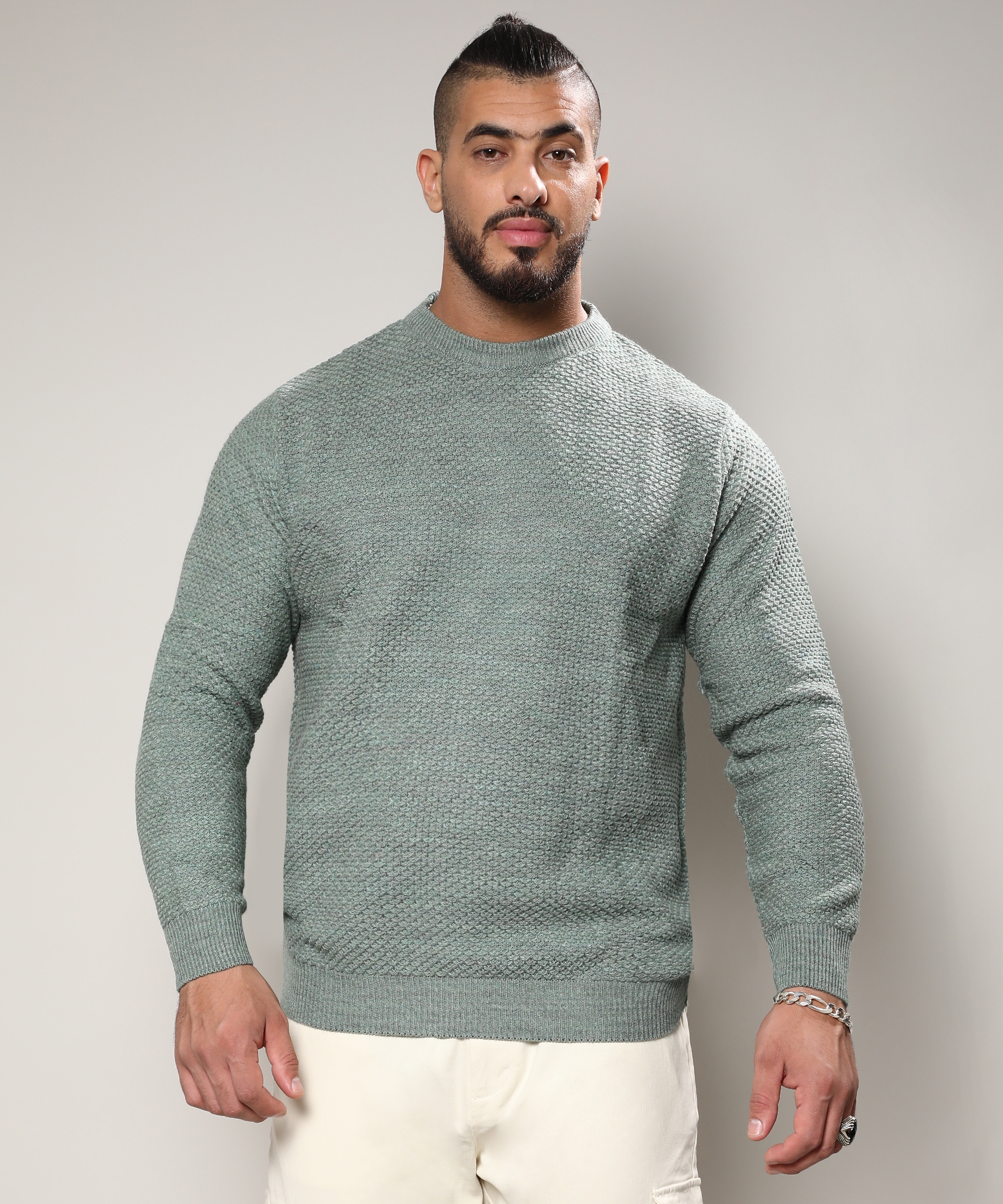 Instafab Plus | Men's Olive Green Textured Knit Pullover Sweater