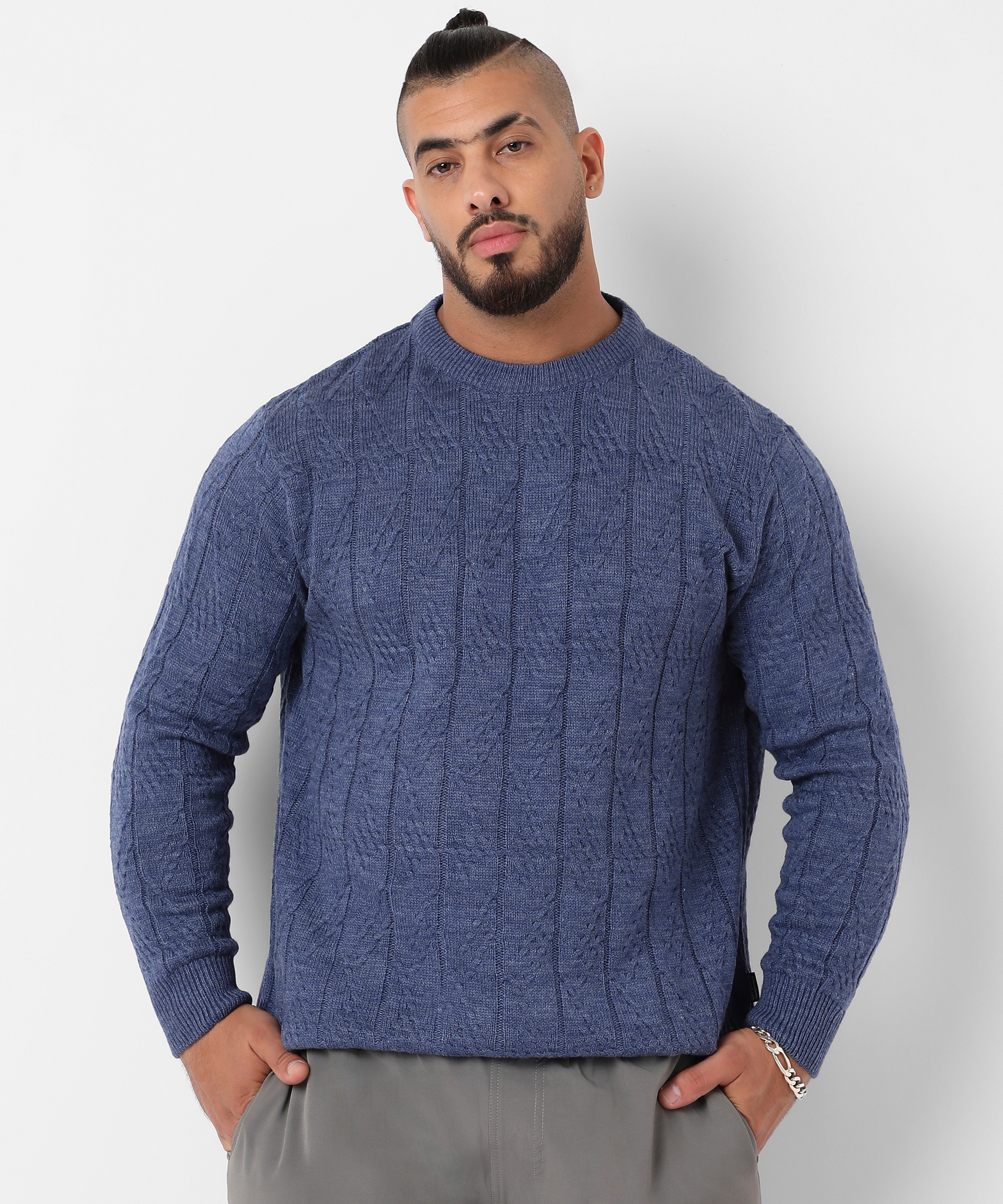 Instafab Plus | Men's Blue Textured Knit Pullover Sweater