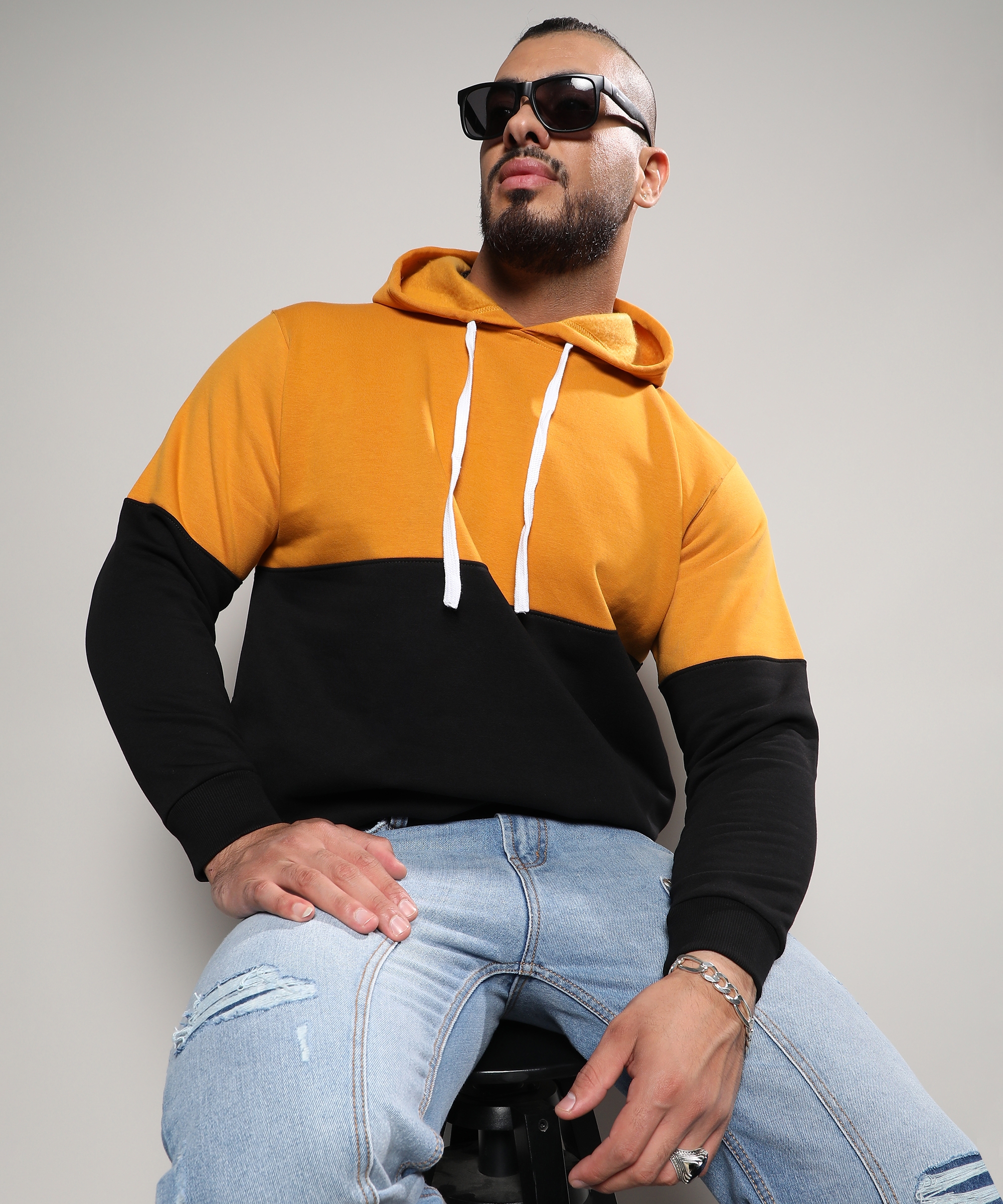 Instafab Plus | Men's Black & Mustard Yellow Contrast Panel Sweatshirt