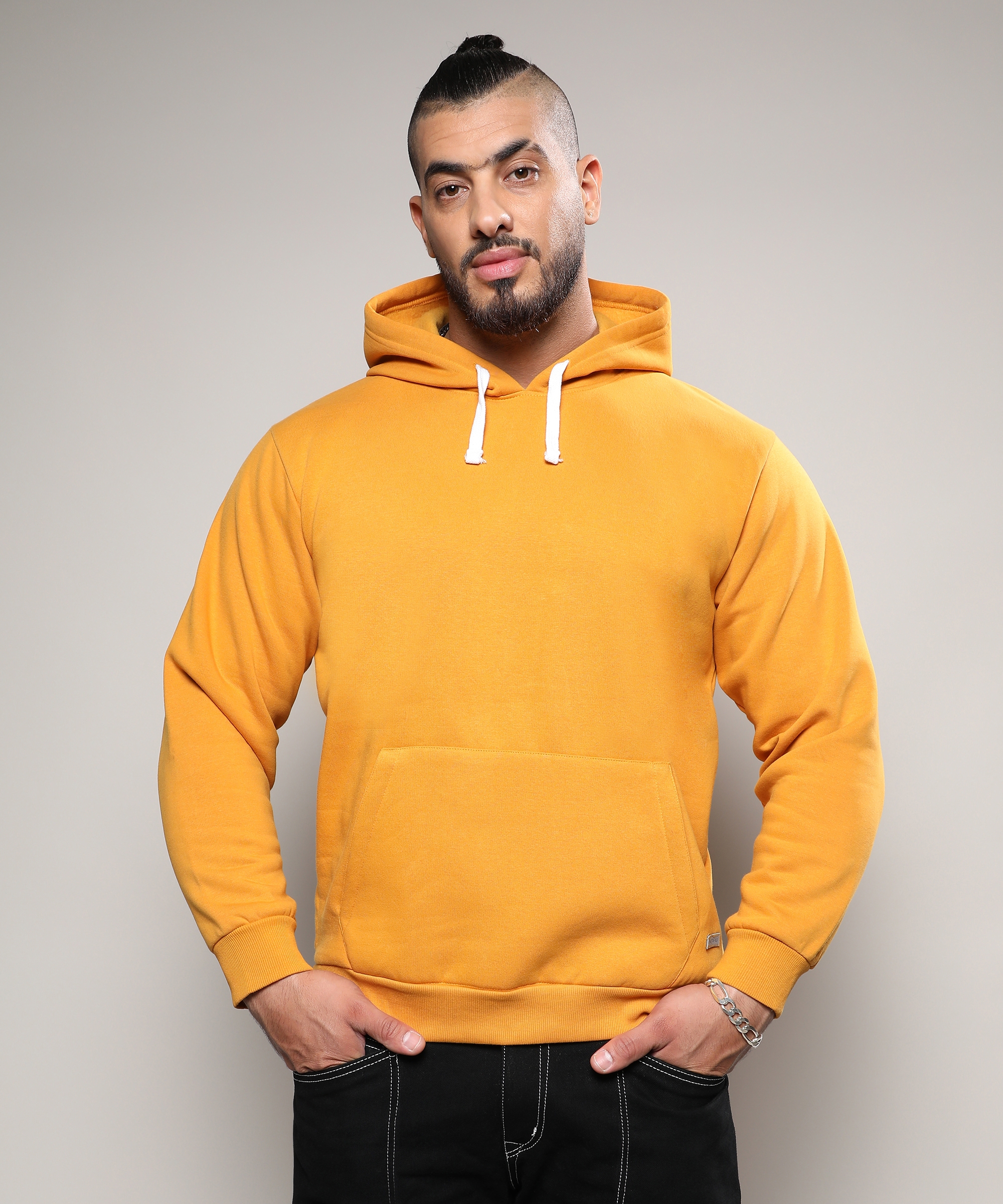 Instafab Plus | Men's Mustard Yellow Basic Hoodie With Kangaroo Pocket