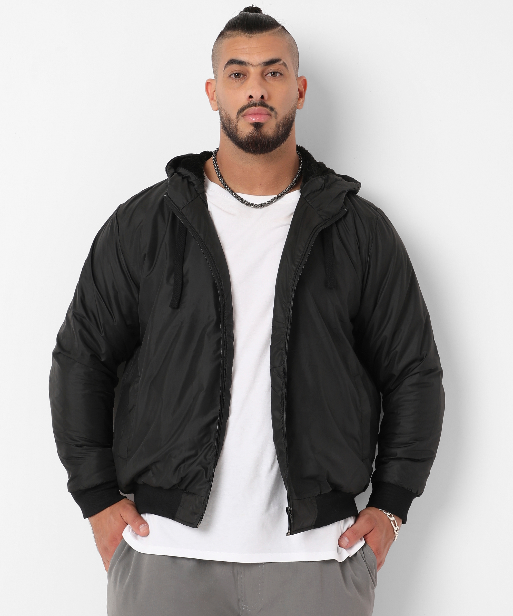 Instafab Plus | Men's Black Zip-Front Puffer Jacket With Ribbed Hem