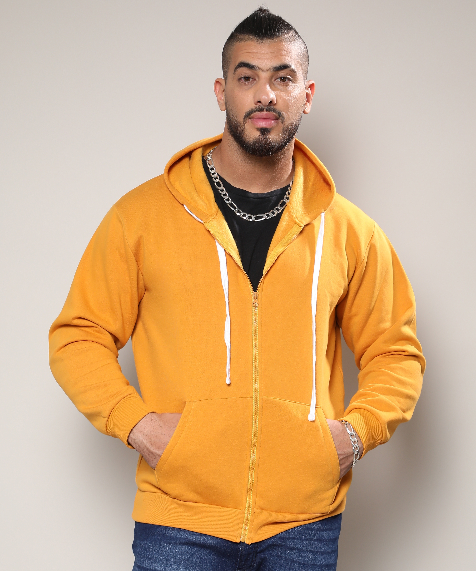 Men's Mustard Yellow Basic Zip-Front Hoodie