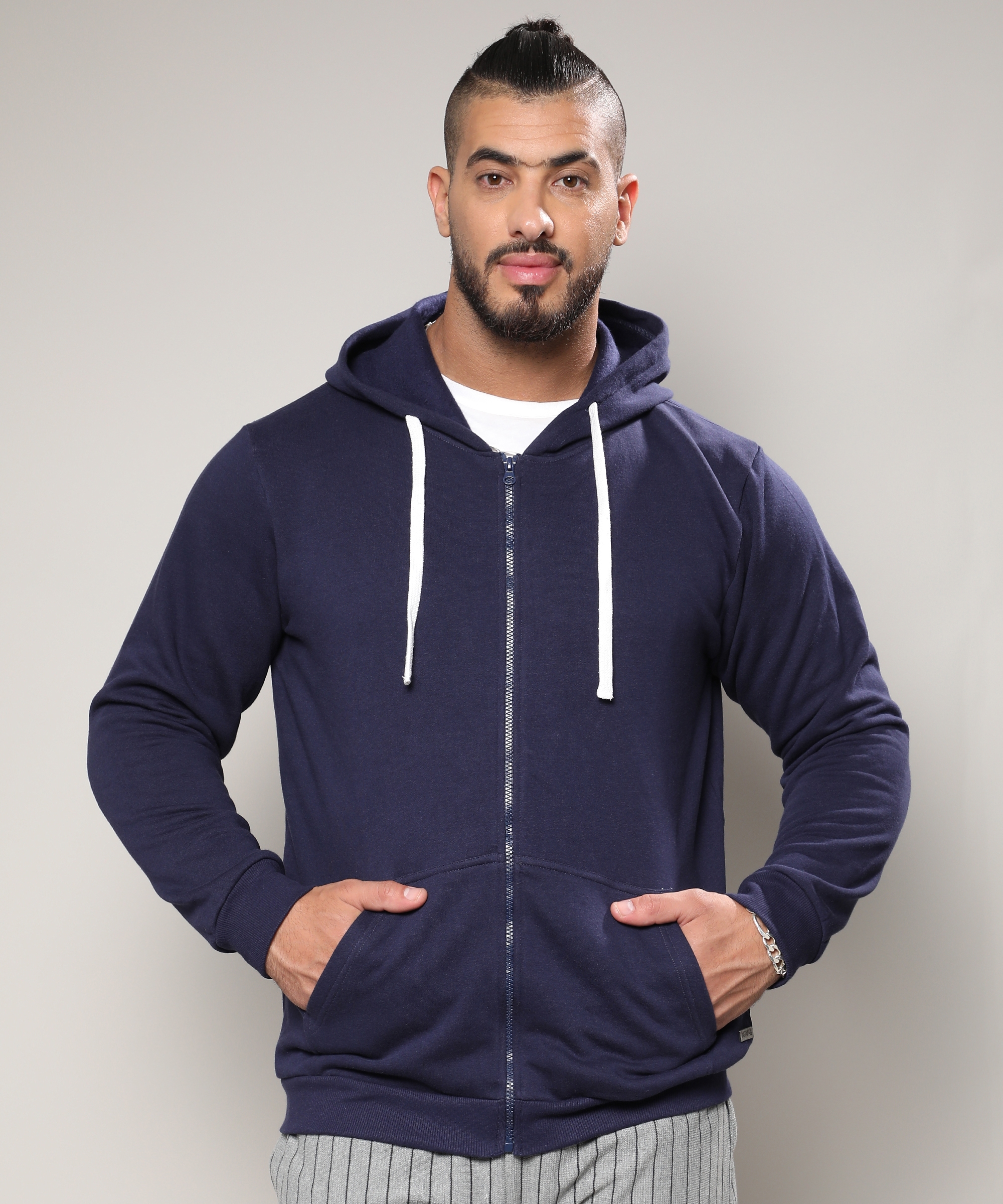 Instafab Plus | Men's Navy Blue Zip-Front Hoodie With Contrast Drawstring
