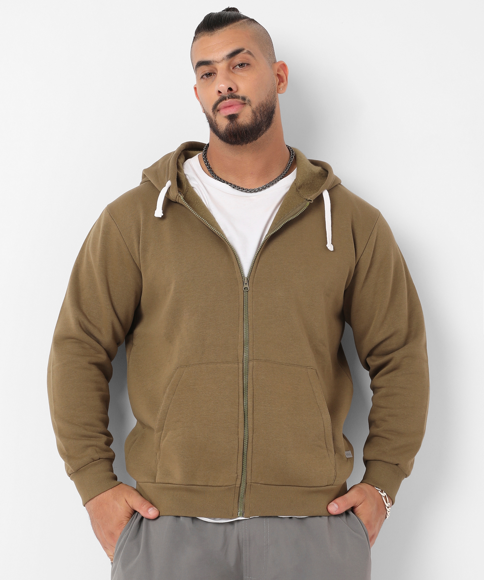 Men's Olive Green Zip-Front Hoodie With Contrast Drawstring