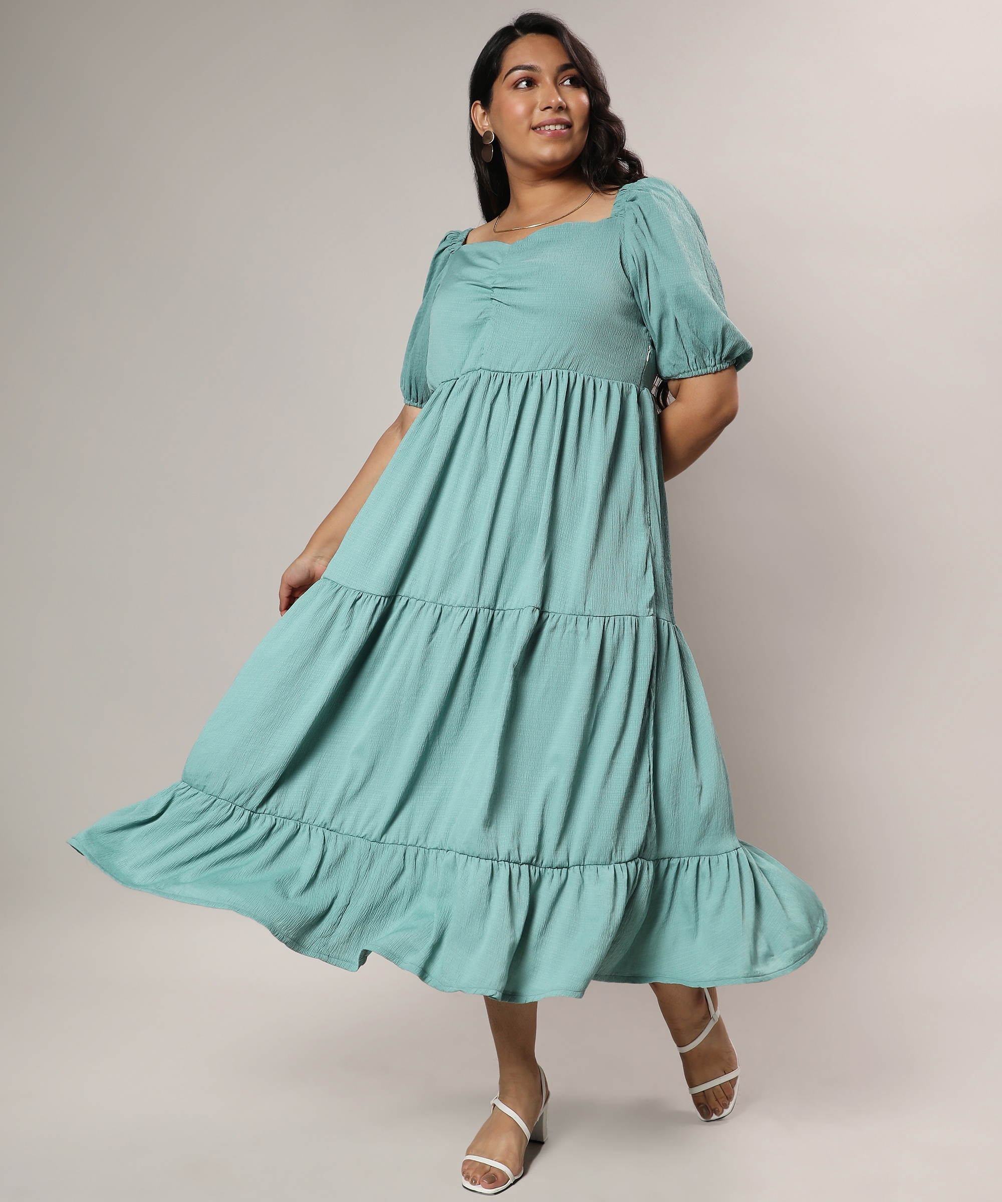Instafab Plus | Women's Sage Green Three-Tiered Midi Dress