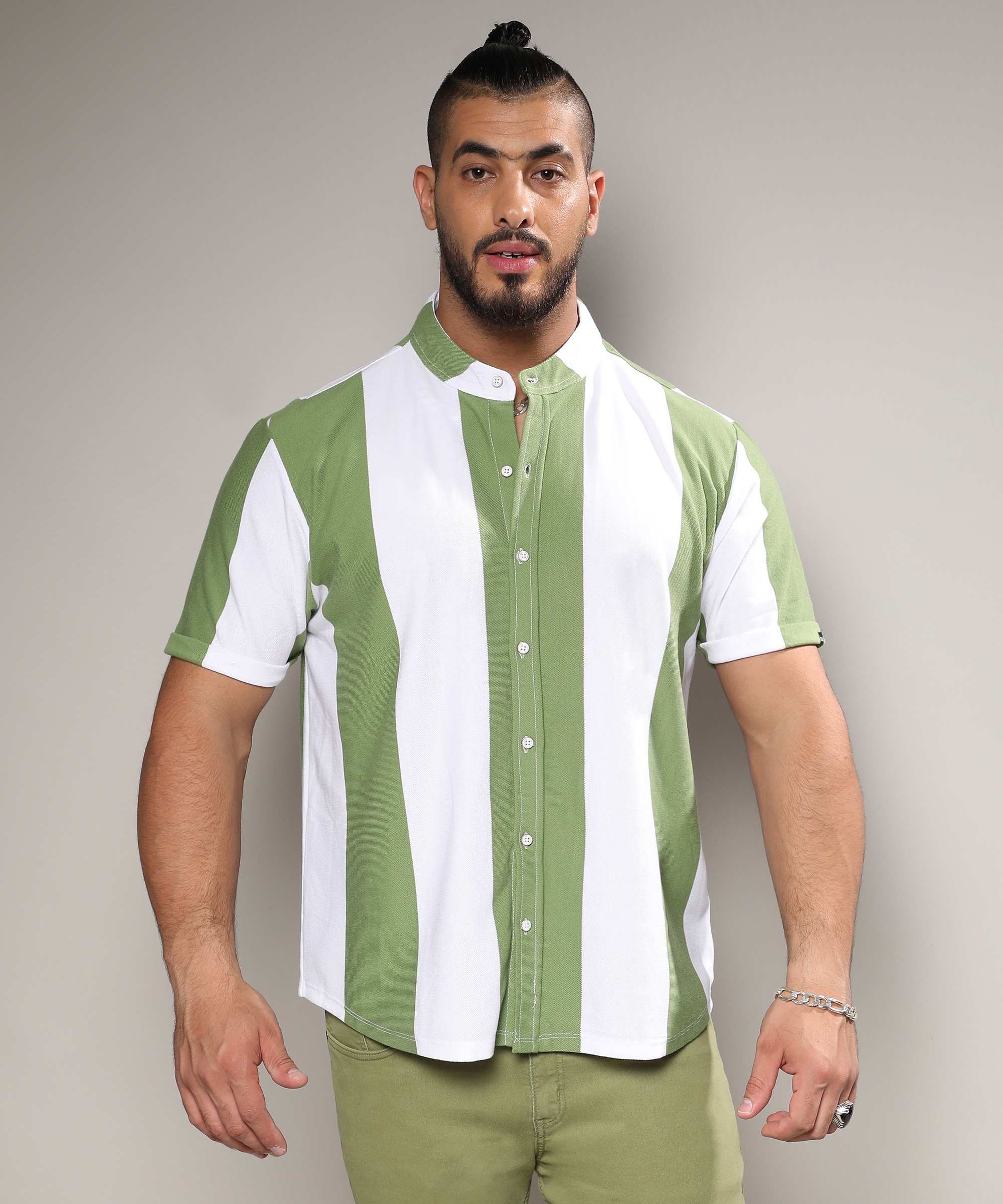 Men's Chalk White & Olive Green Bengal Striped Shirt