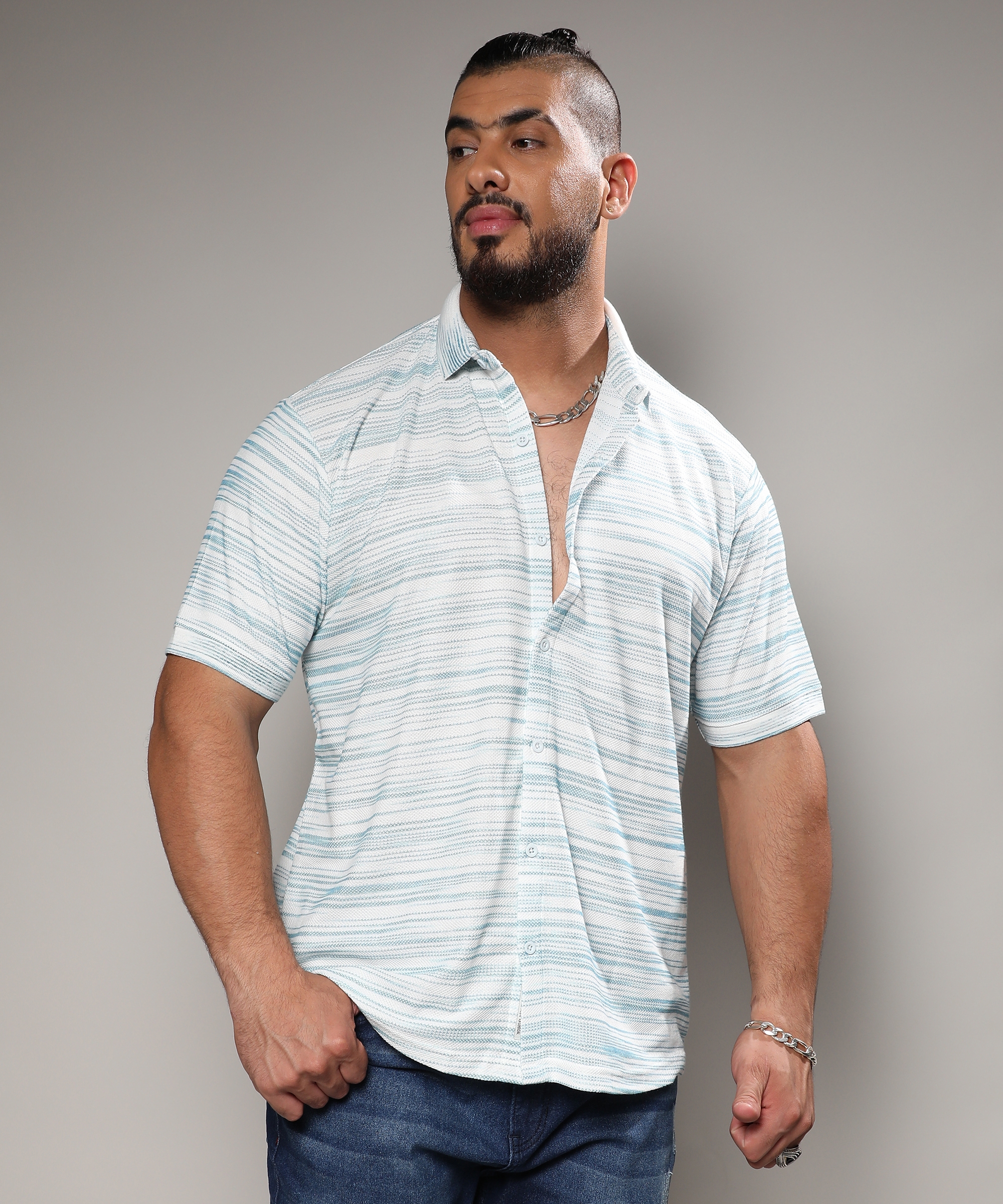 Men's Light Blue & White Textured Horizontal Striped Shirt