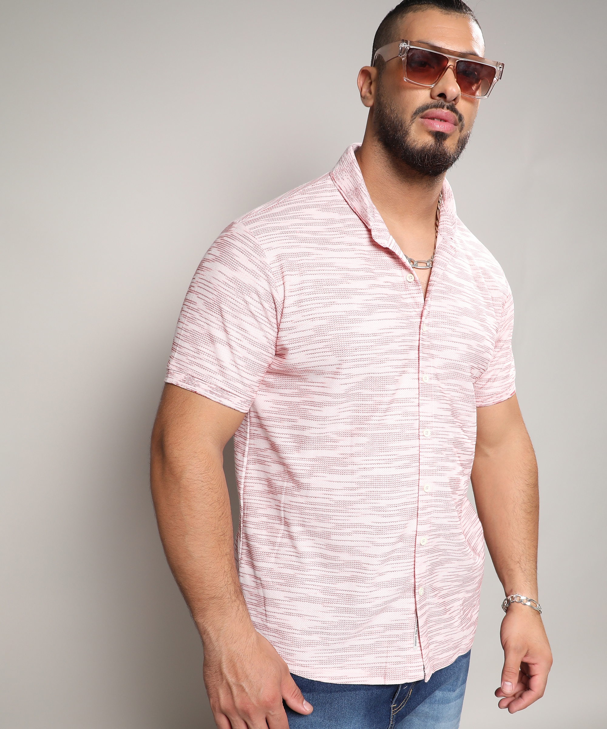 Men's Blush Pink Textured Horizontal Striped Shirt