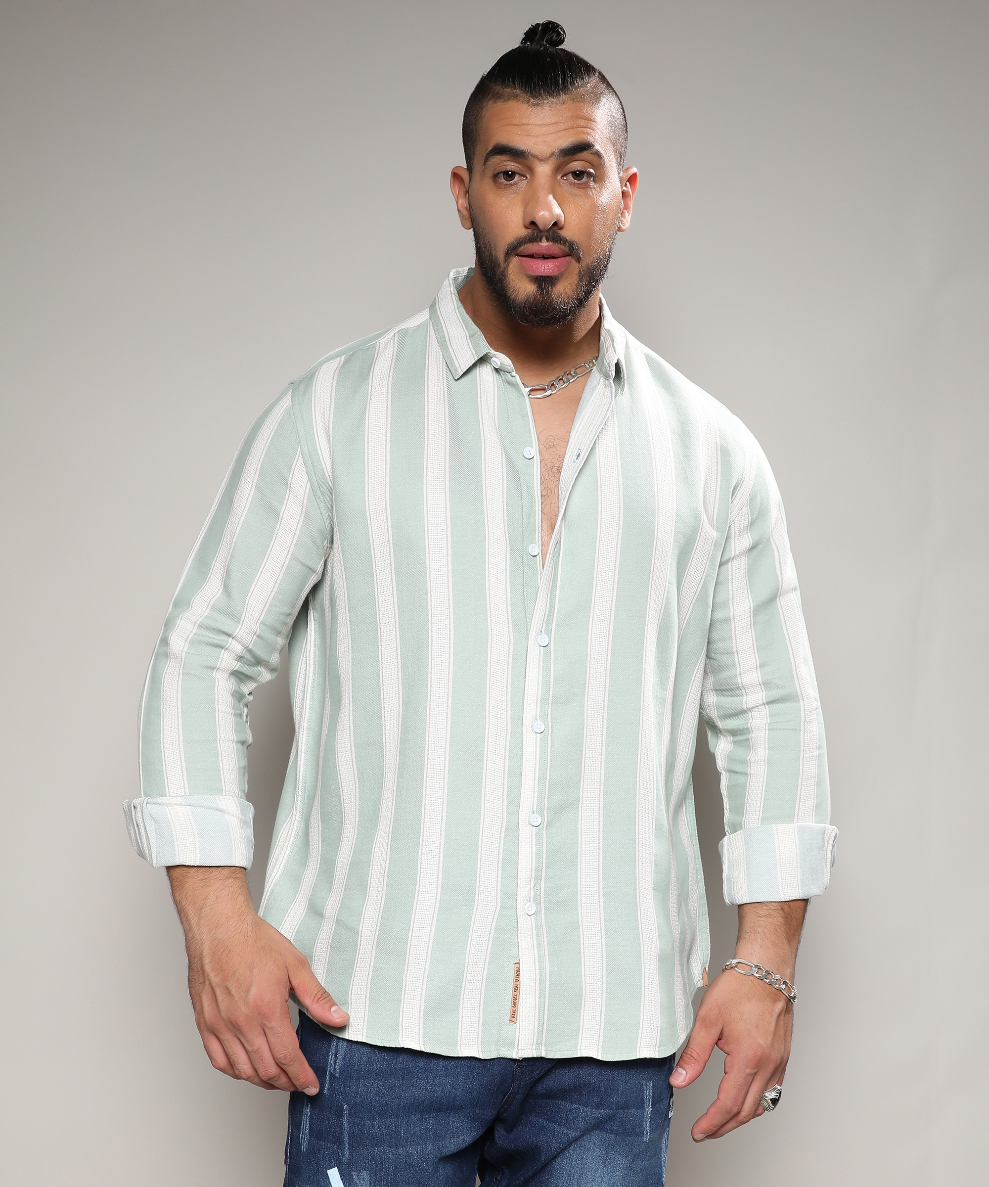 Men's Sage Green & White Contrast Club Striped Shirt