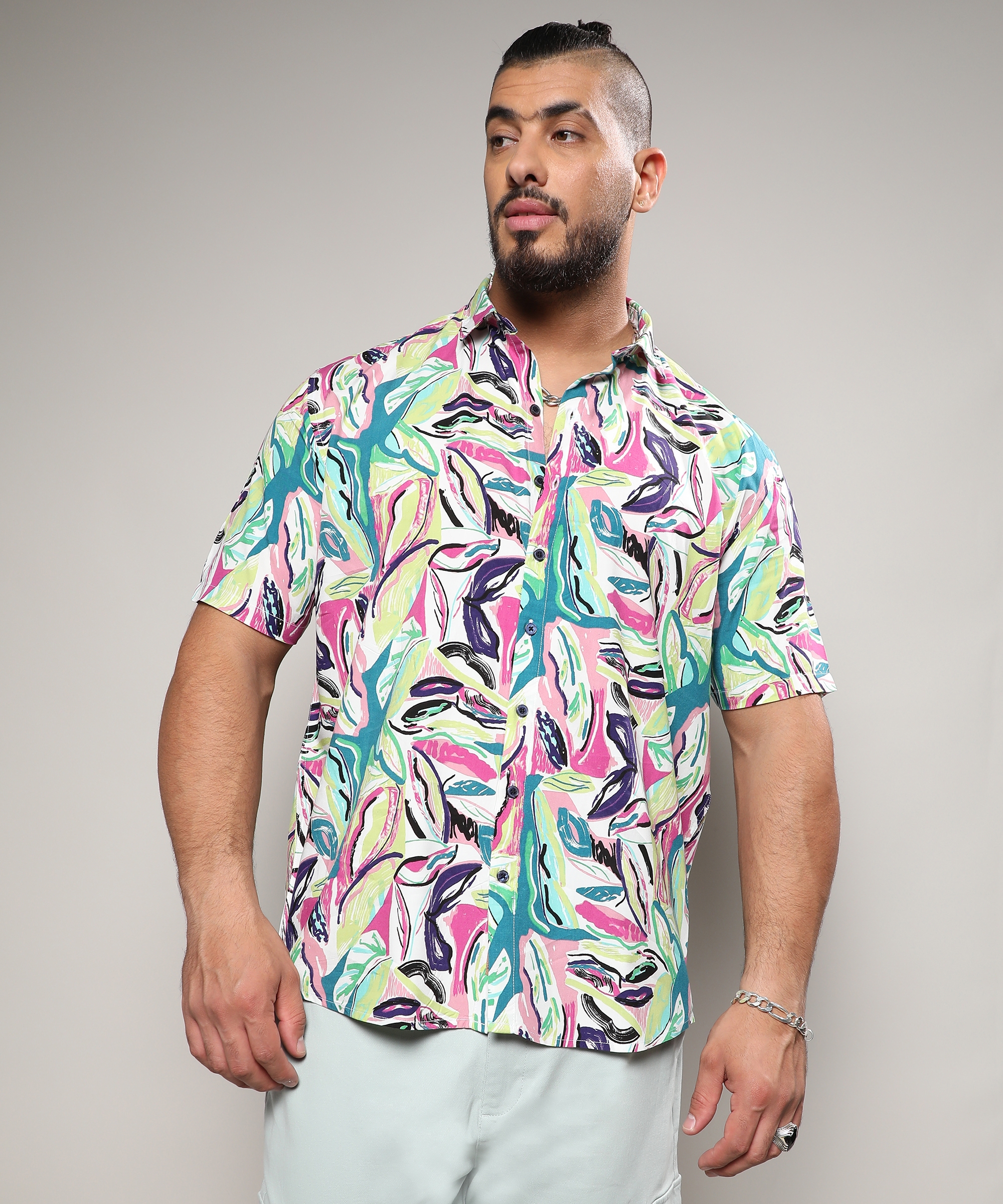 Instafab Plus | Men's Pink & Green Abstract Foilage Shirt