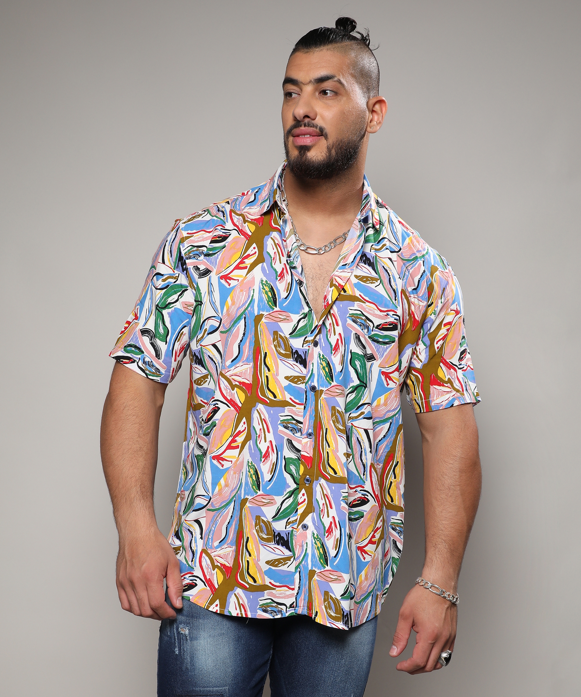 Instafab Plus | Men's Multicolour Abstract Foilage Shirt