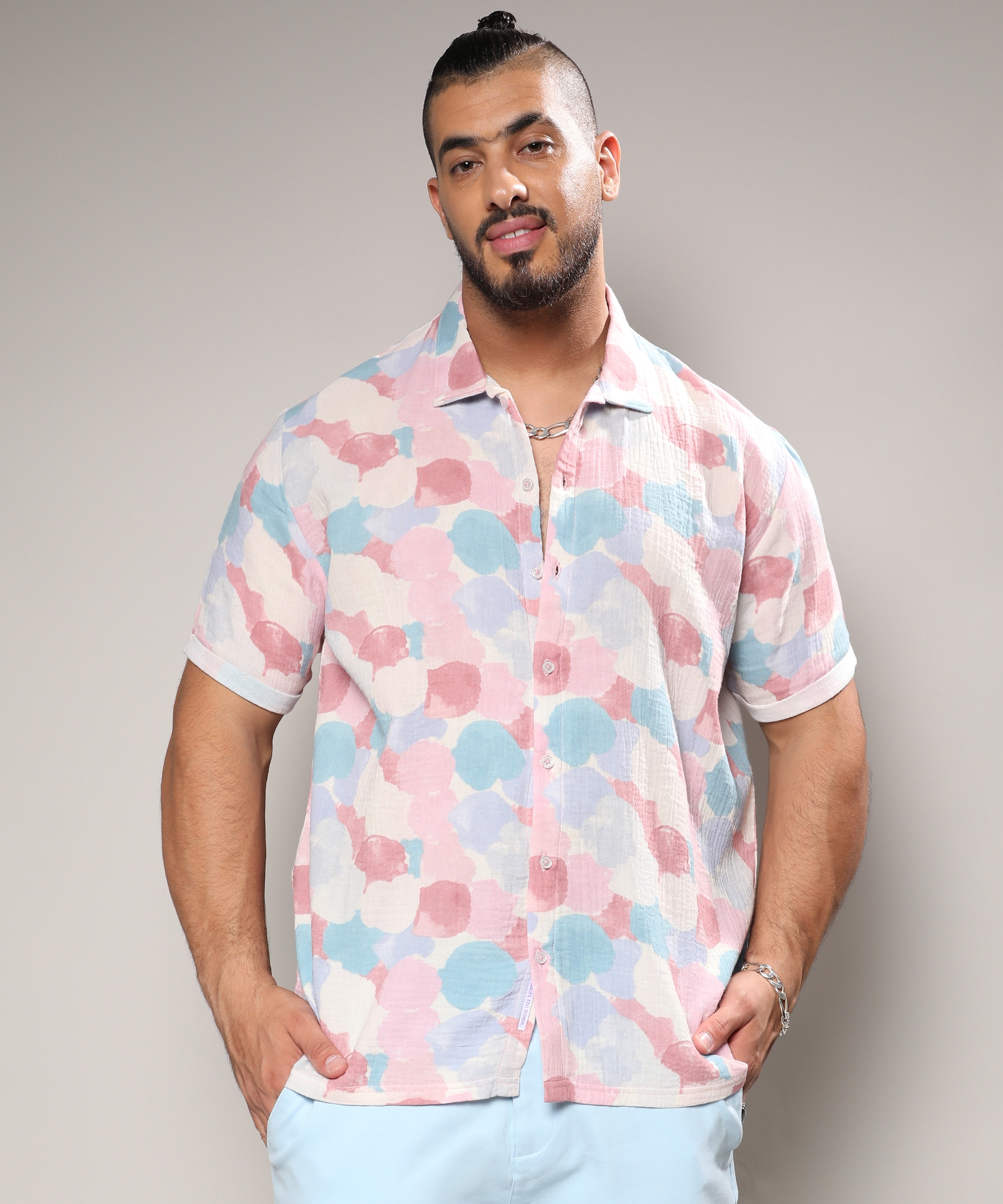 Instafab Plus | Men's Blush Pink & Light Blue Artistic Abstract Shirt