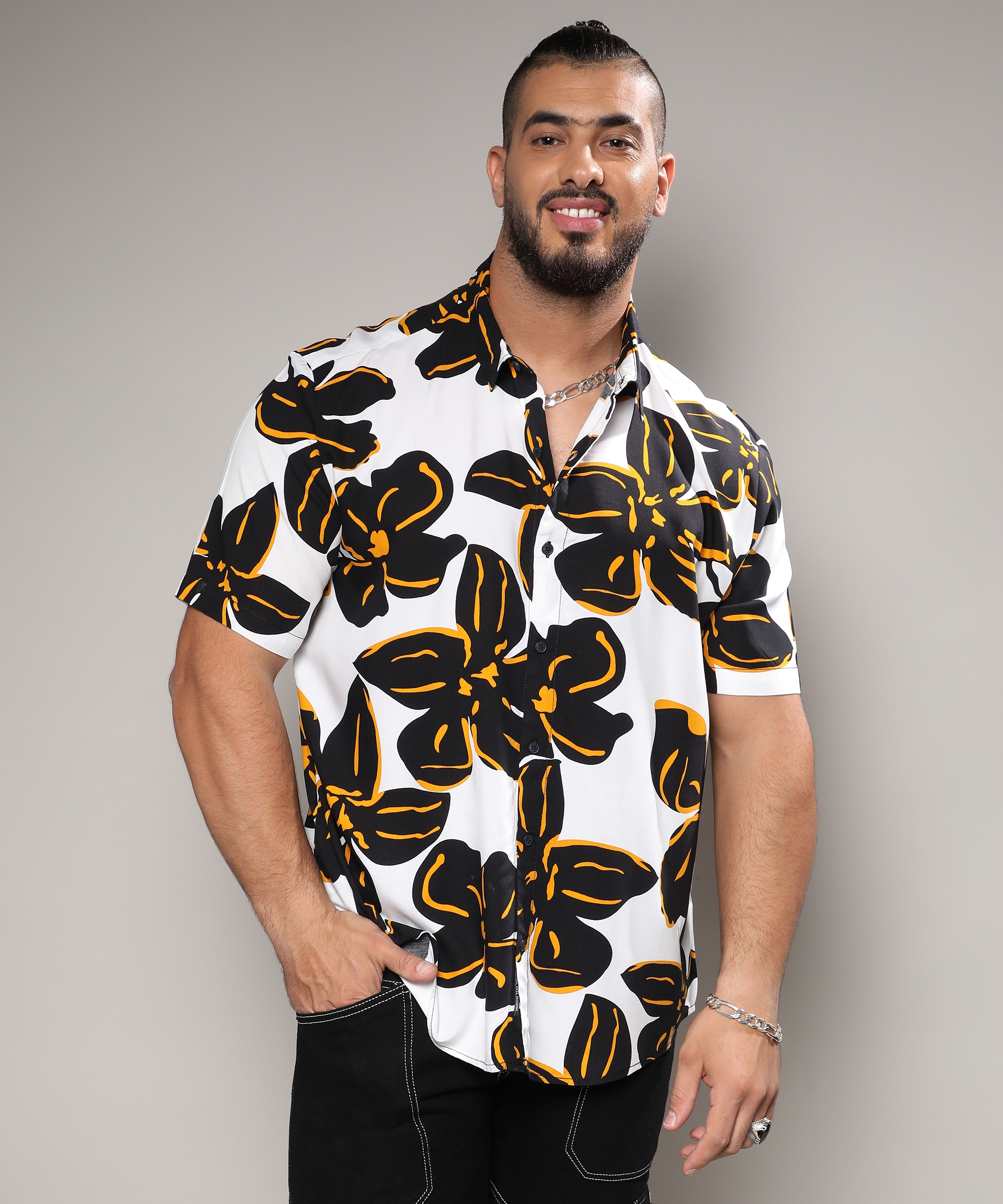 Instafab Plus | Men's White & Black Maxi Floral Print Shirt