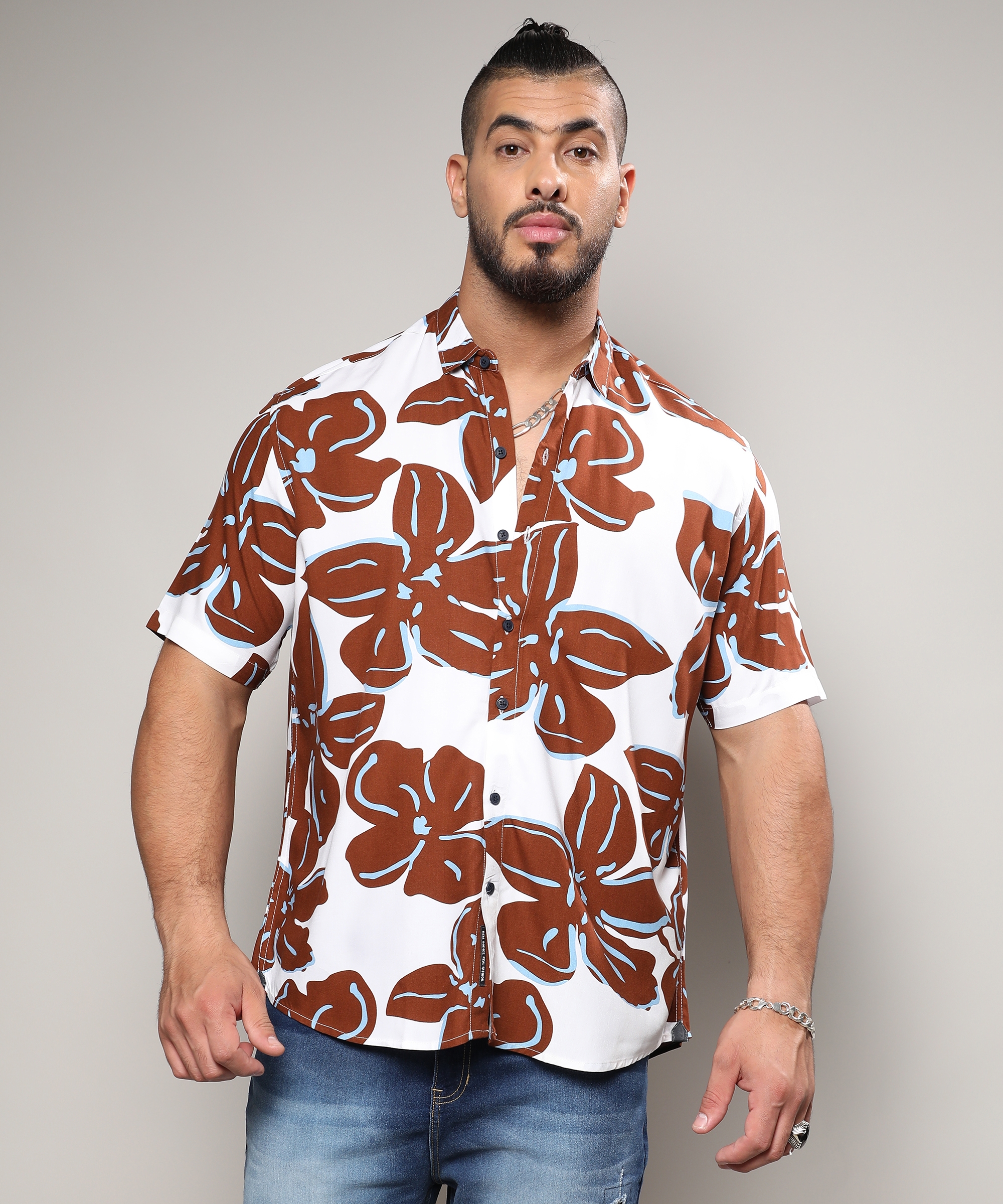 Men's White & Brown Maxi Floral Print Shirt