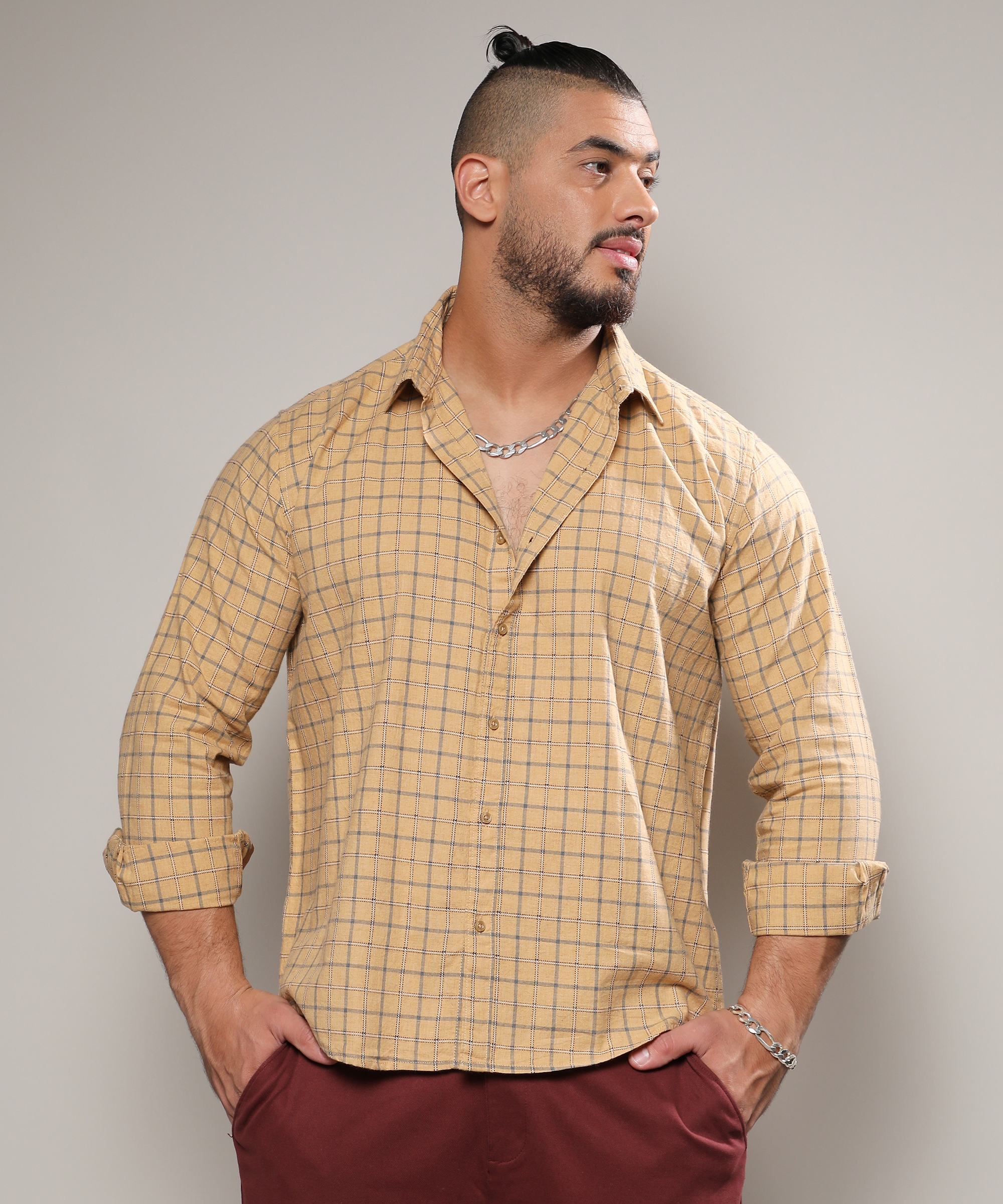 Men's Beige Contrast Tartan Plaid Shirt