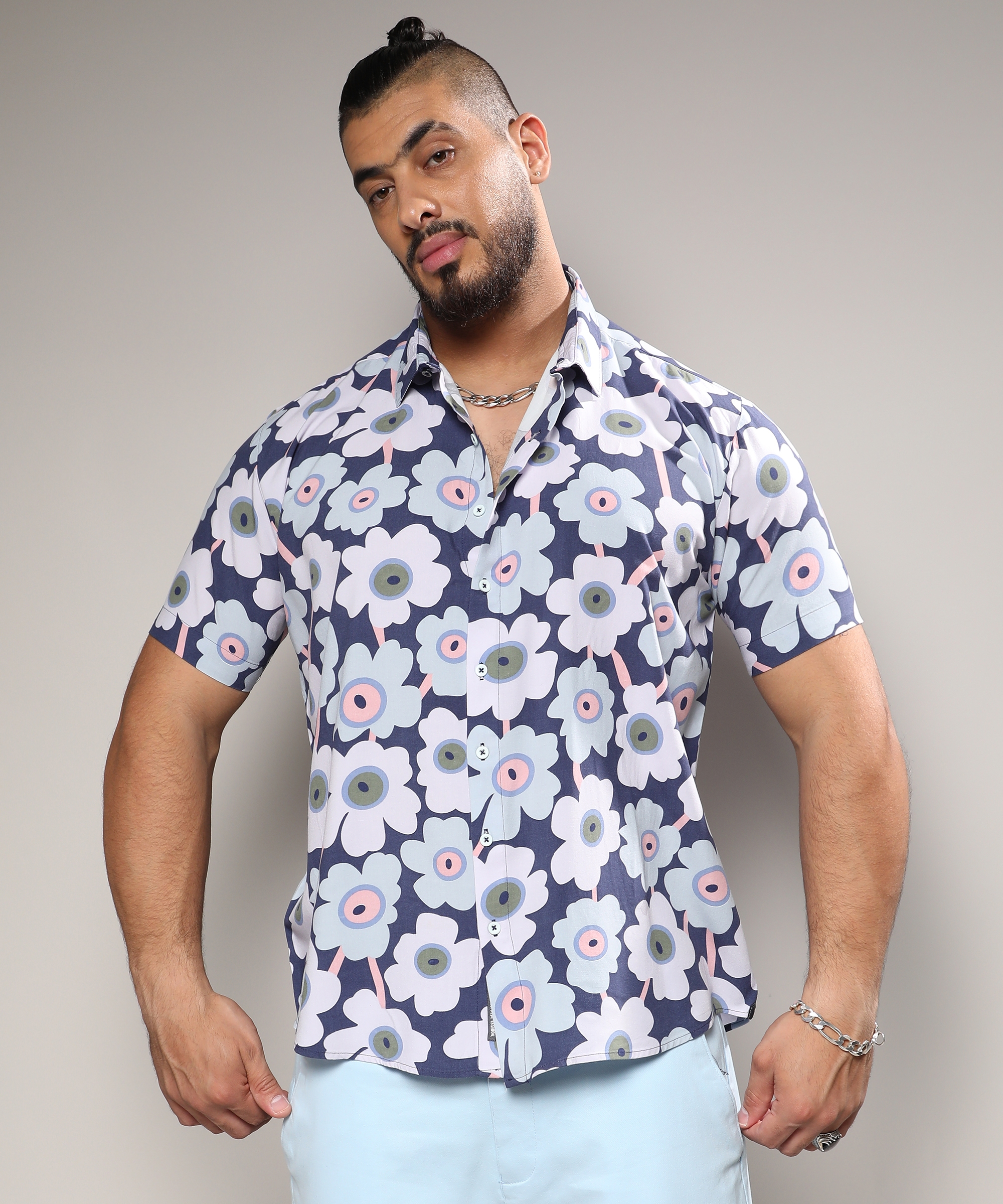Instafab Plus | Men's Indigo Blue Maxi Floral Block Shirt