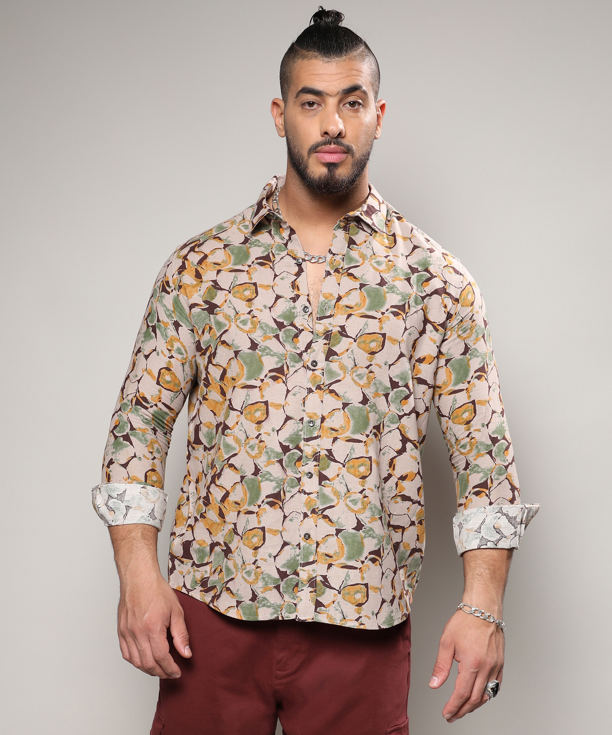 Instafab Plus | Men's Beige & Green Artistic Floral Cluster Shirt