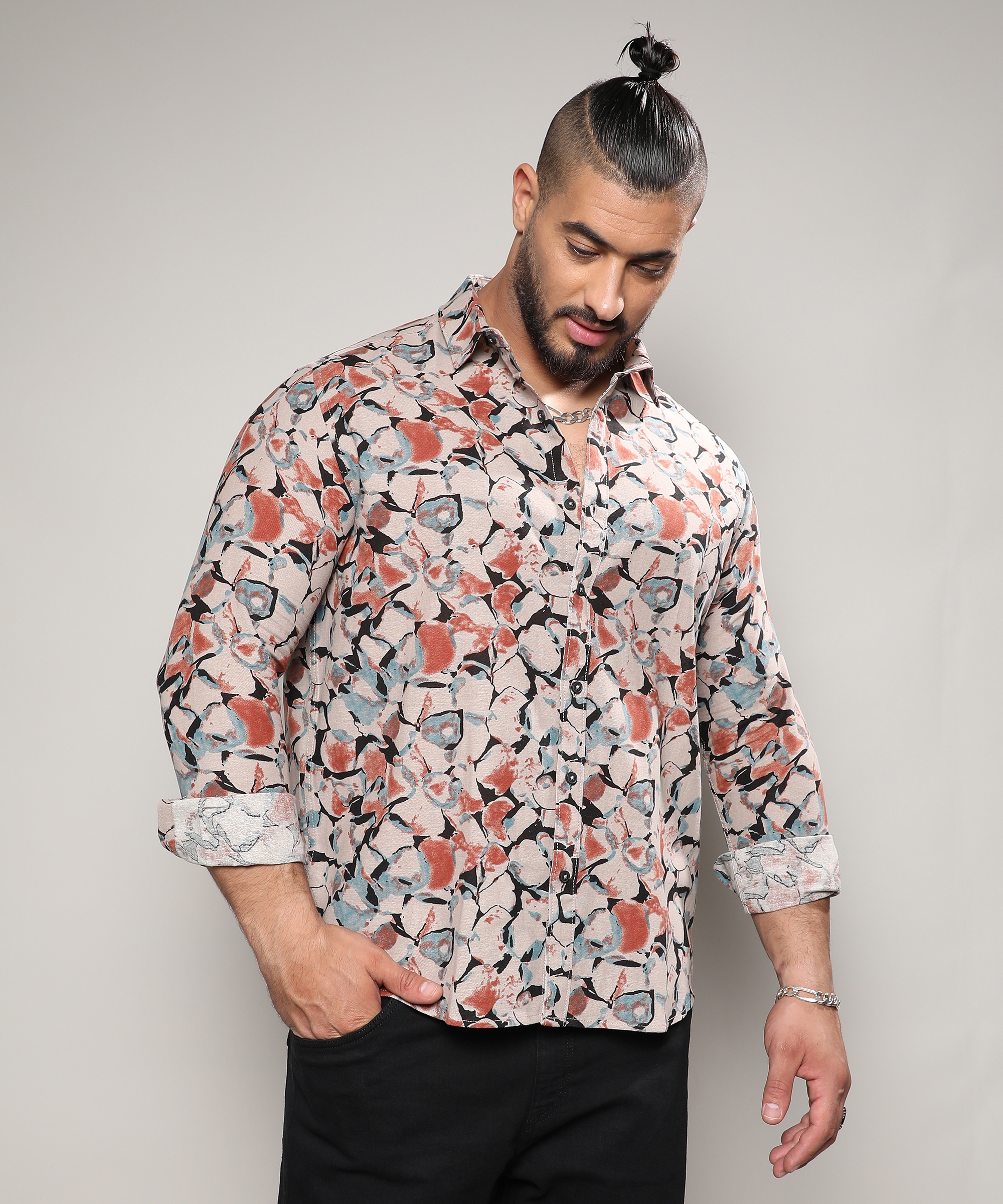 Men's Beige & Brown Artistic Floral Cluster Shirt