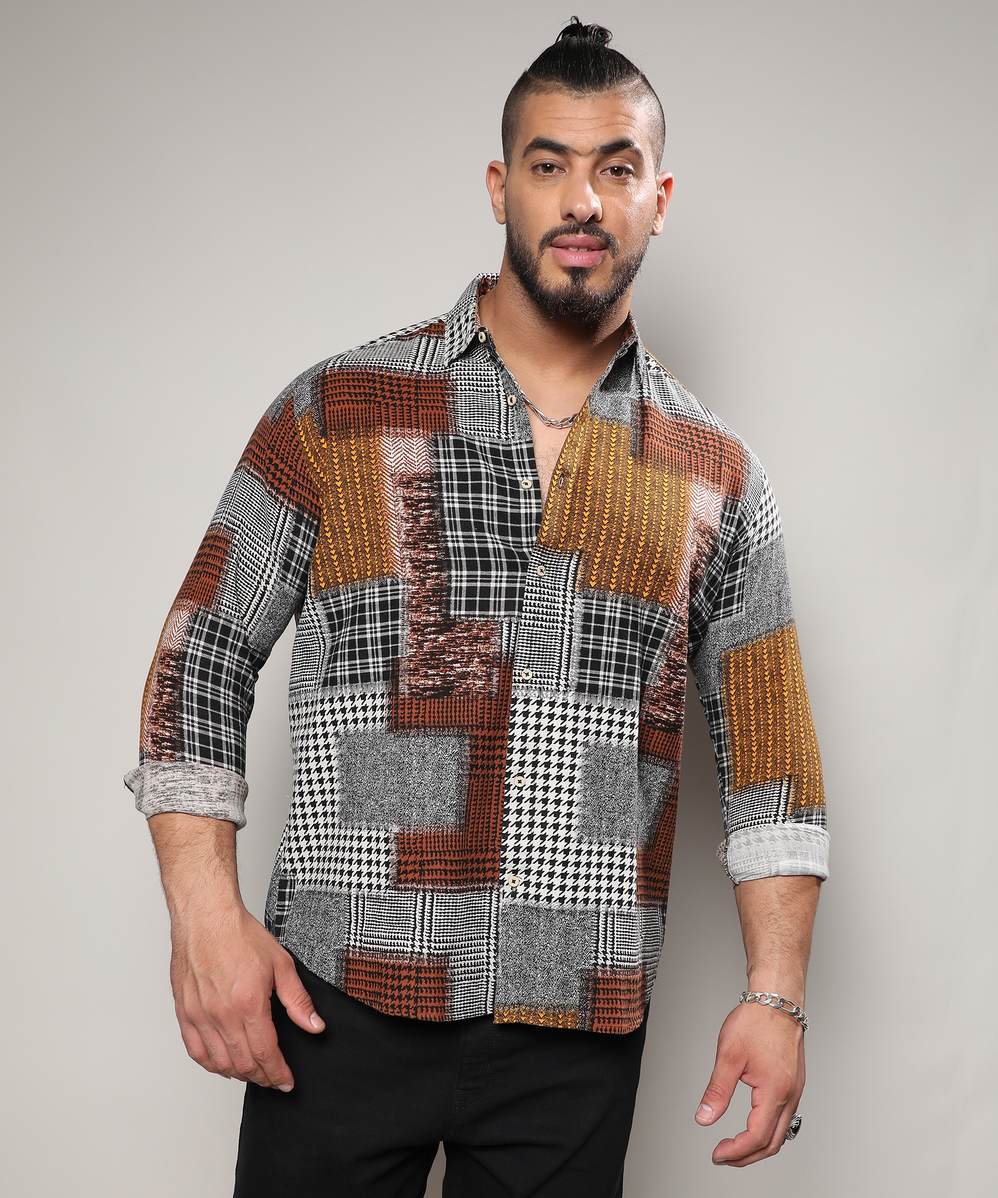 Instafab Plus | Men's Brown Herringbone Block Shirt
