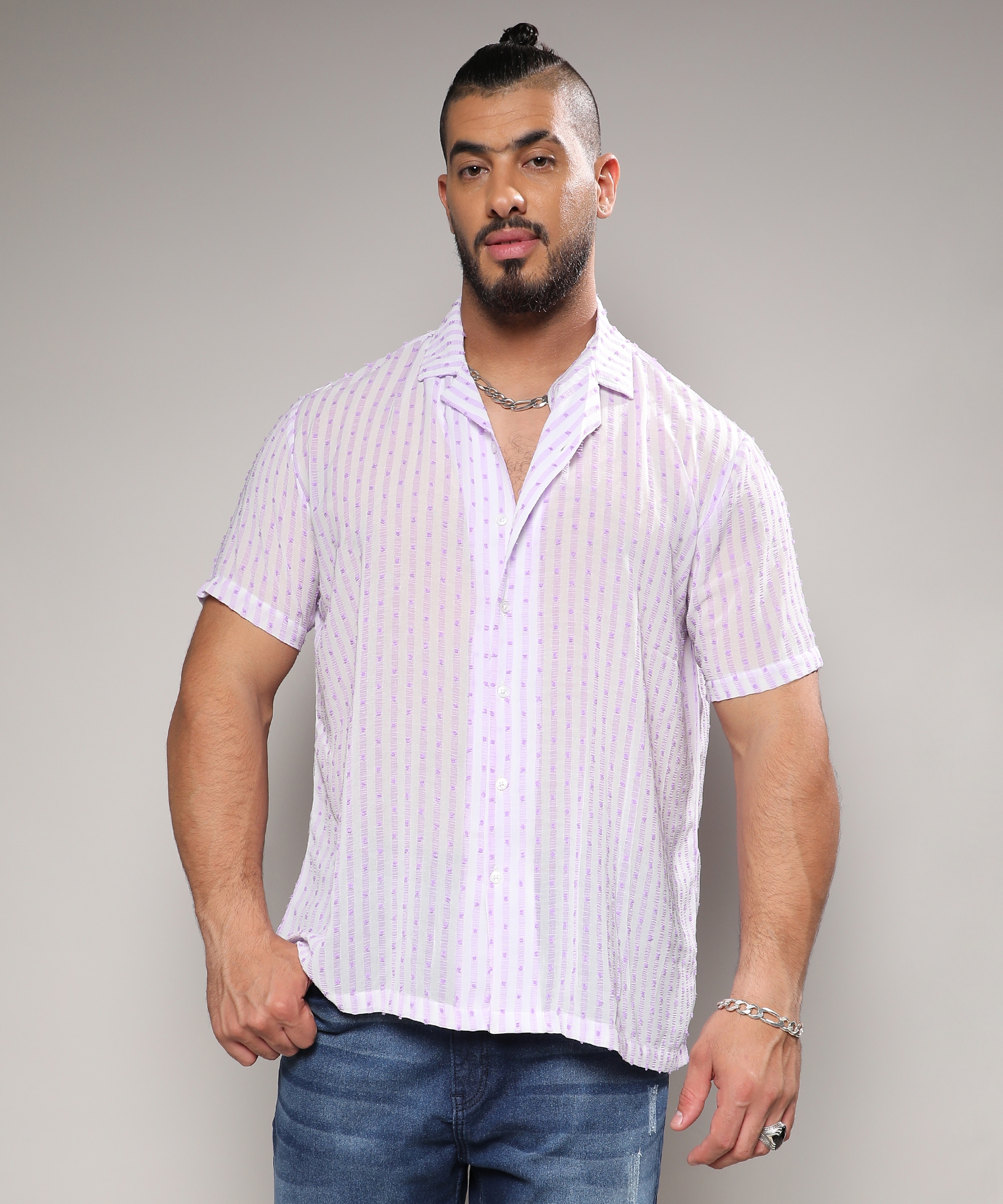 Instafab Plus | Men's White & Lavender Balanced Striped Shirt
