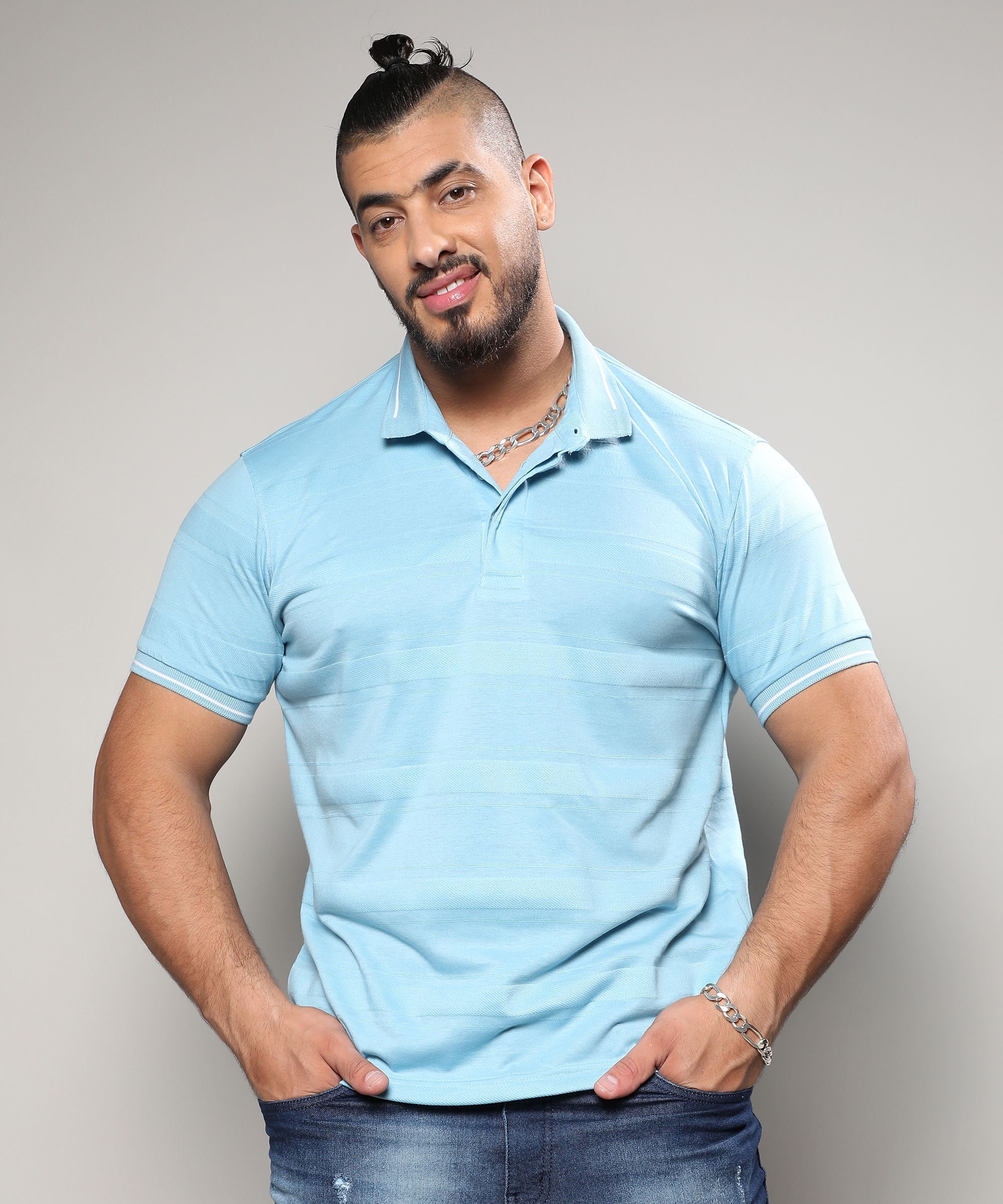 Instafab Plus | Men's Sky Blue Self-Design Horizontal Striped T-Shirt