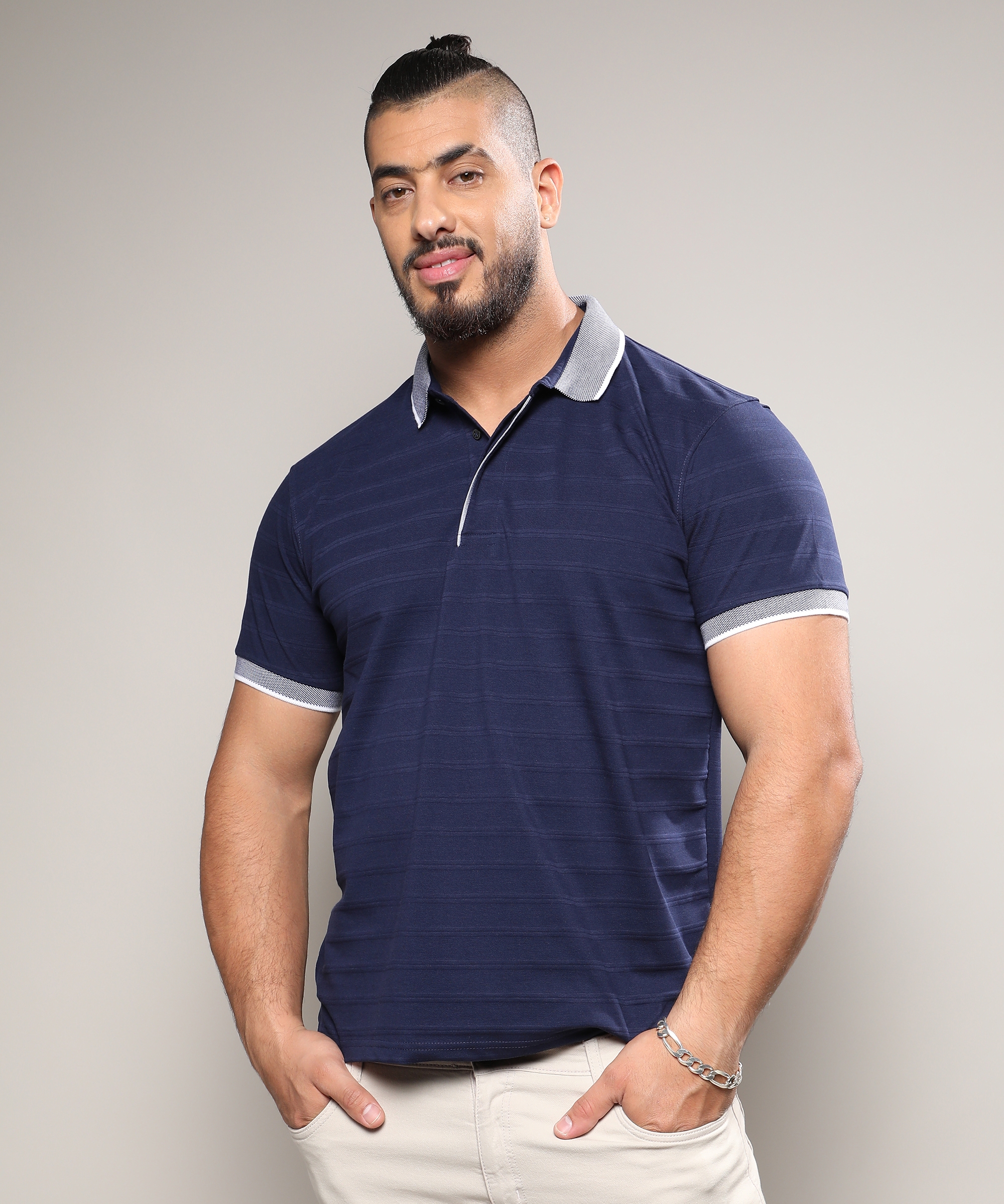 Instafab Plus | Men's Midnight Blue Self-Design Horizontal Striped T-Shirt